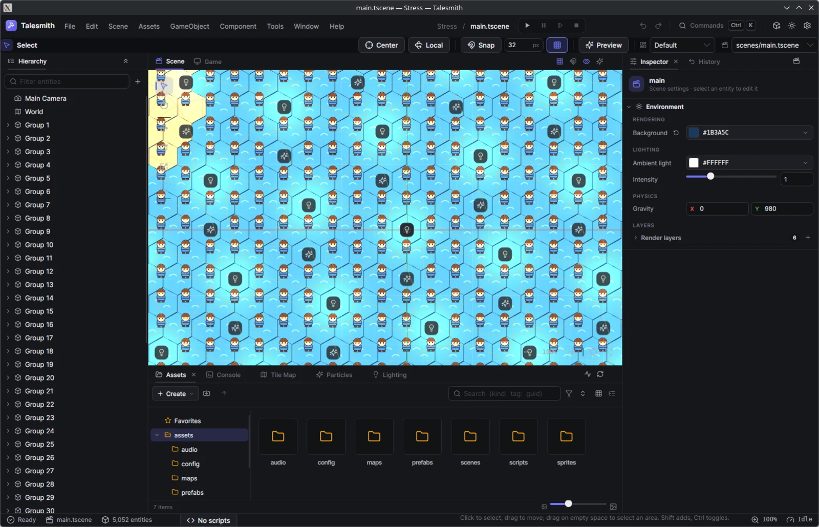 The editor with the stress project open: the hierarchy lists Group 1 to Group 30 of the 5,052 entities, the viewport shows hero sprites, light icons and particle emitter icons over the hex map, and the status bar reads Idle