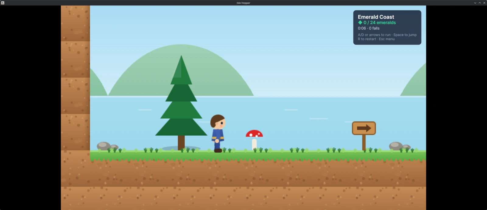 Isle Hopper in a 2560 by 1080 window: the game in the middle at three times its 640 by 360 design size, with black bars on the left and right