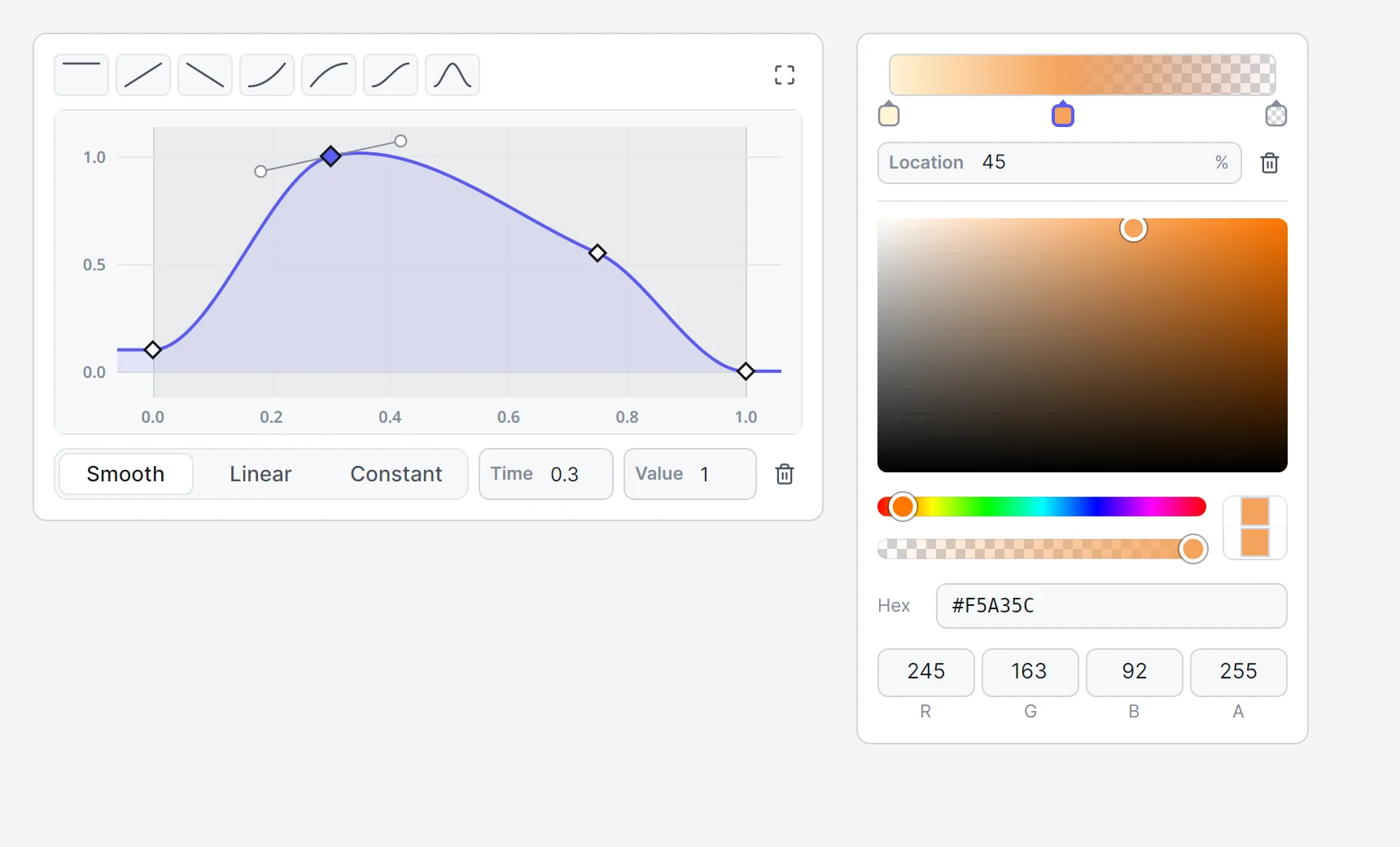 The curve and gradient editors as they appear in their flyouts