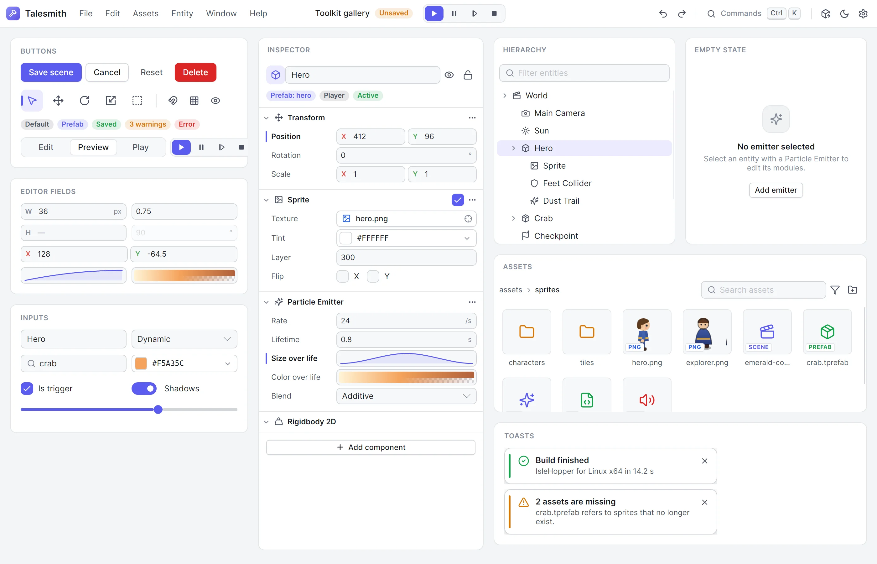 The editor's UI toolkit: buttons, inputs, editor fields, badges, a property grid, a tree, asset tiles and toasts