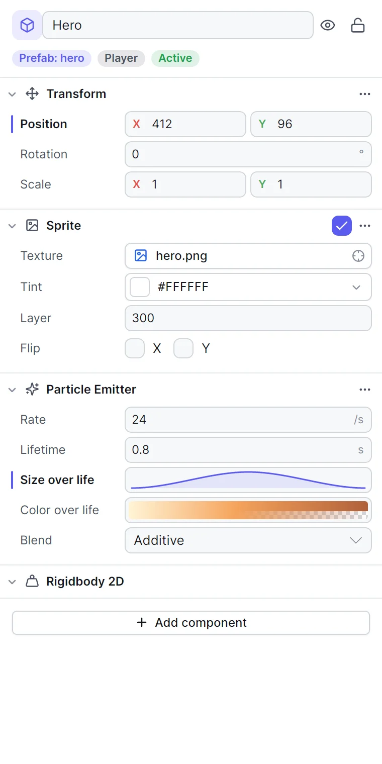 The inspector building blocks: an entity header, property groups and a row for every kind of field
