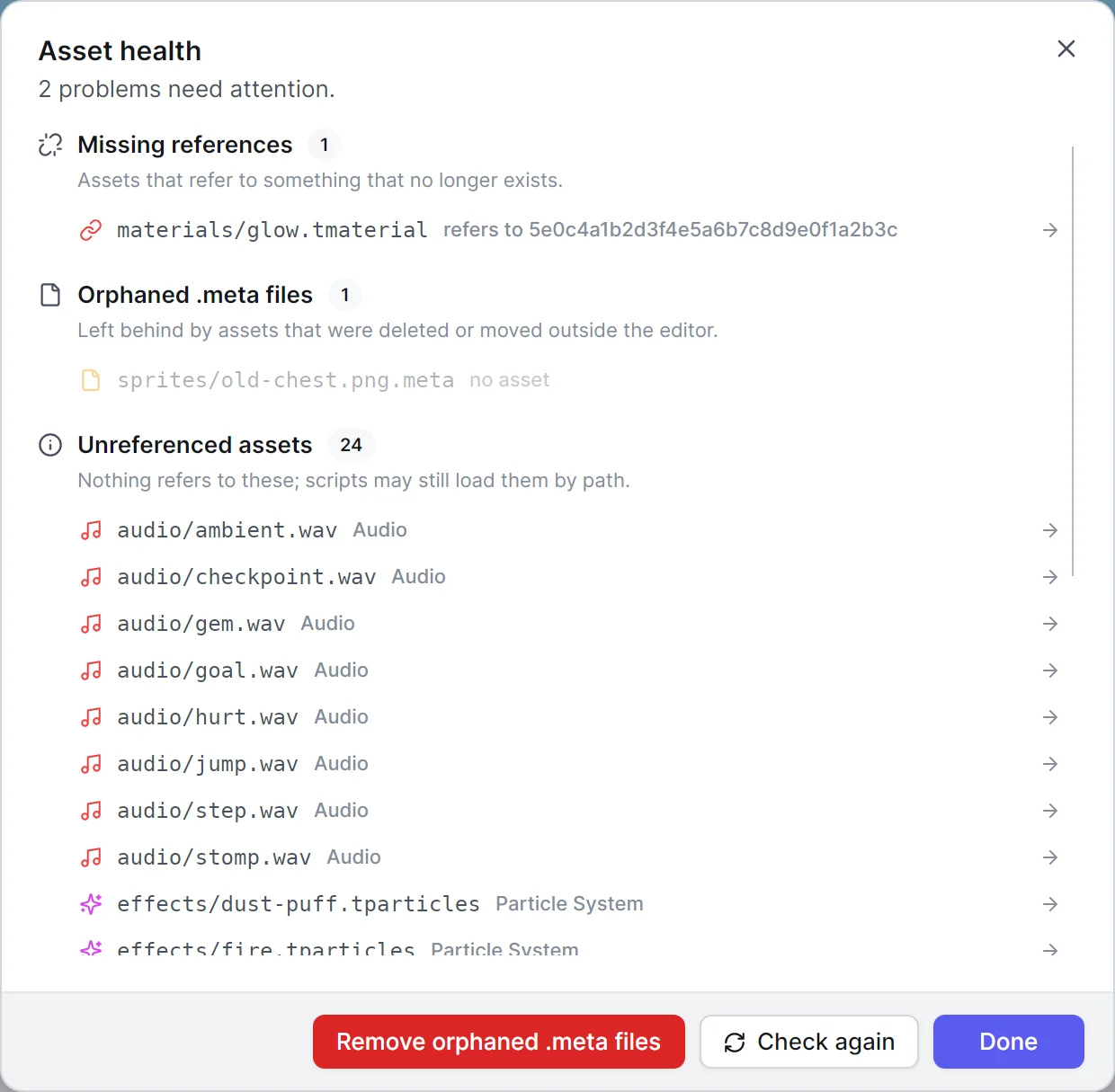 The Asset health dialog with a missing reference, an orphaned .meta file and the unreferenced assets