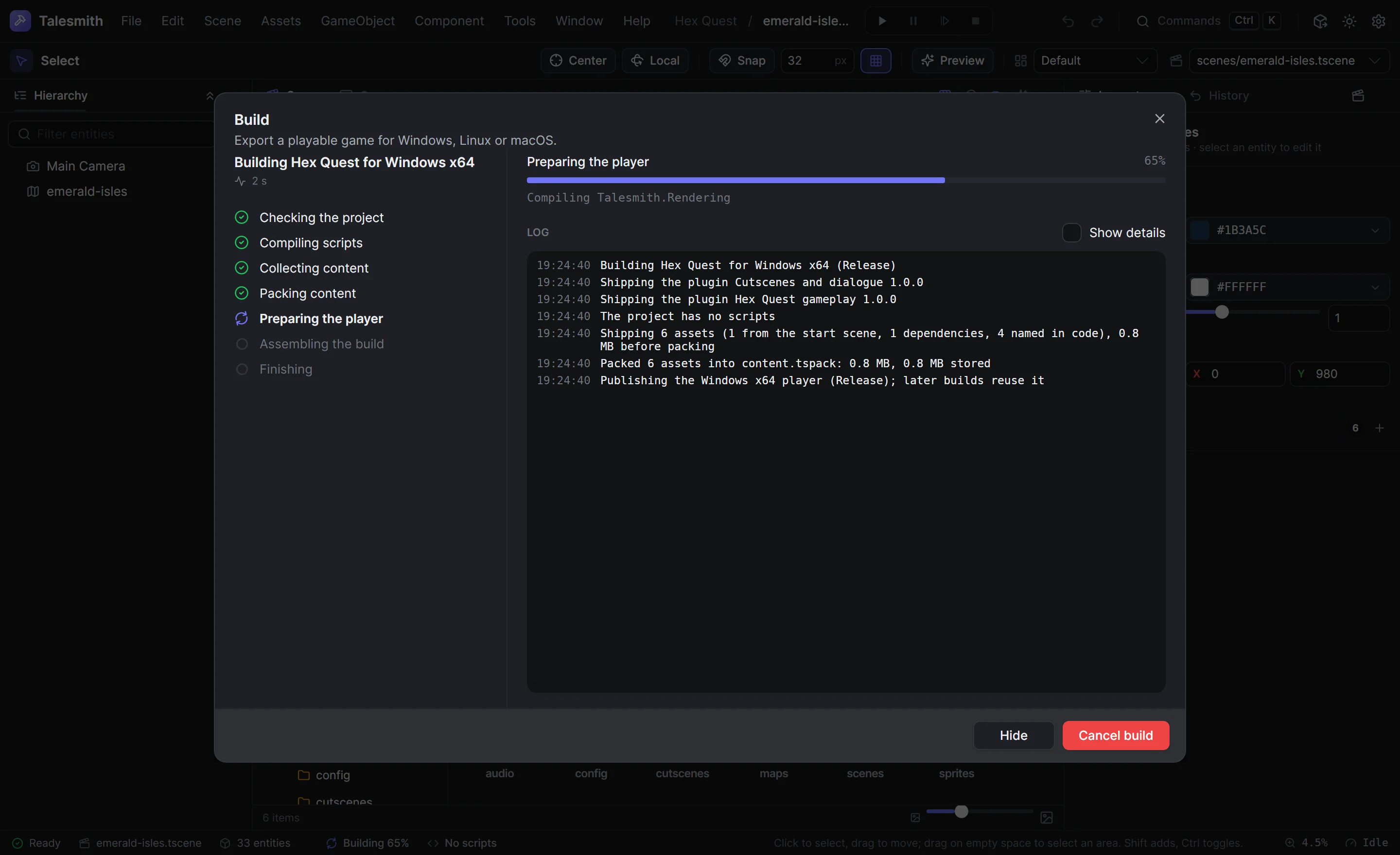 The Build dialog while it publishes the Windows player