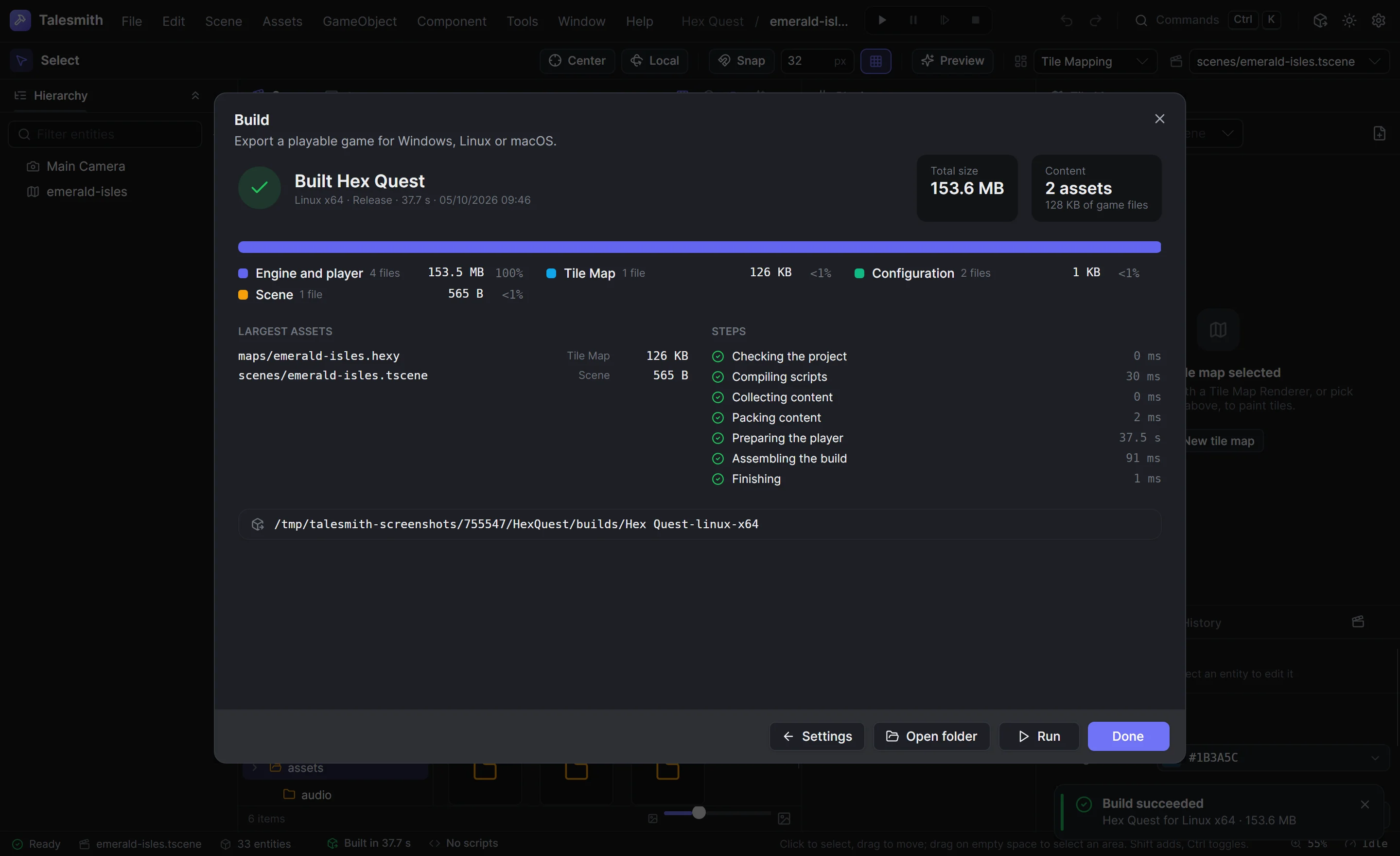 The build report after exporting Hex Quest for Linux