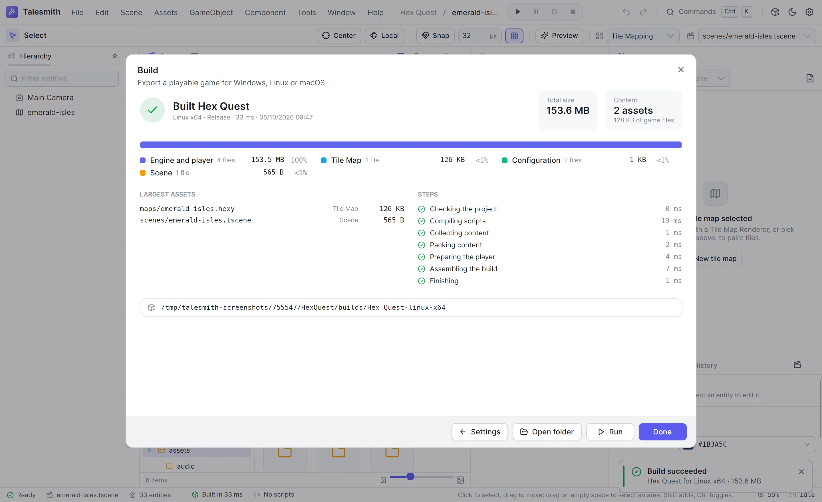 The build report after exporting Hex Quest for Linux