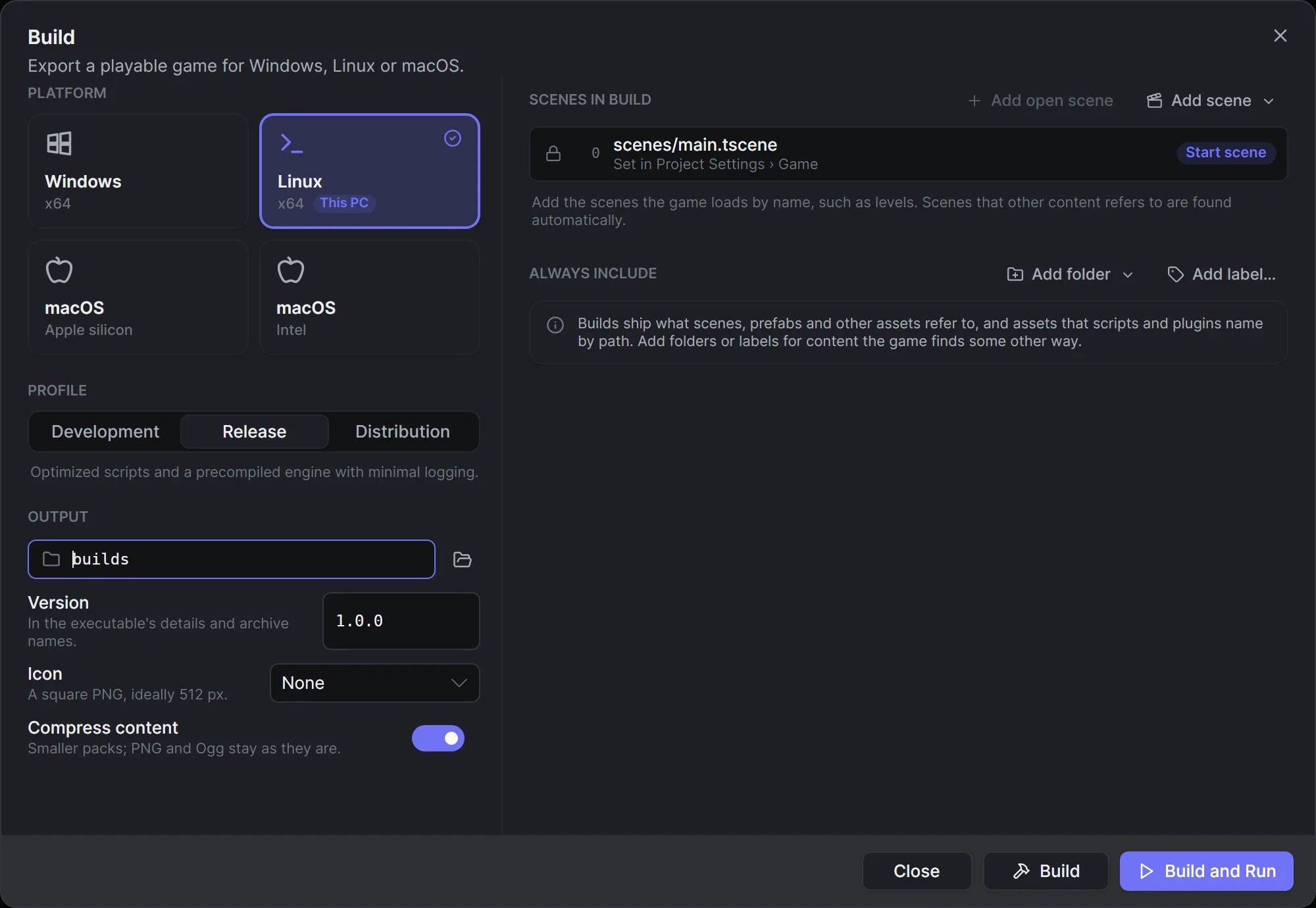 The Build dialog with the Linux x64 platform marked This PC and the Release profile chosen