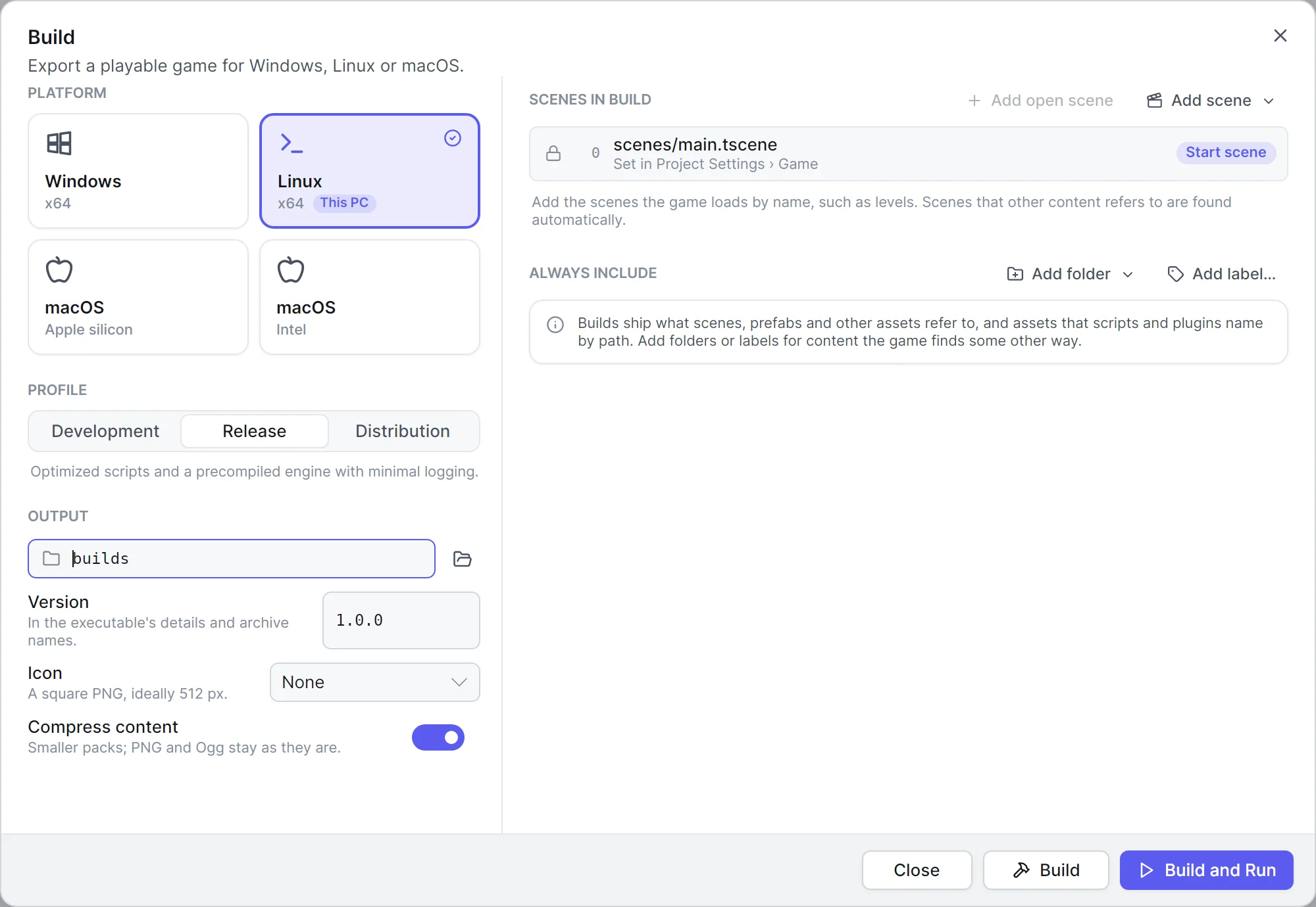 The Build dialog with the Linux x64 platform marked This PC and the Release profile chosen