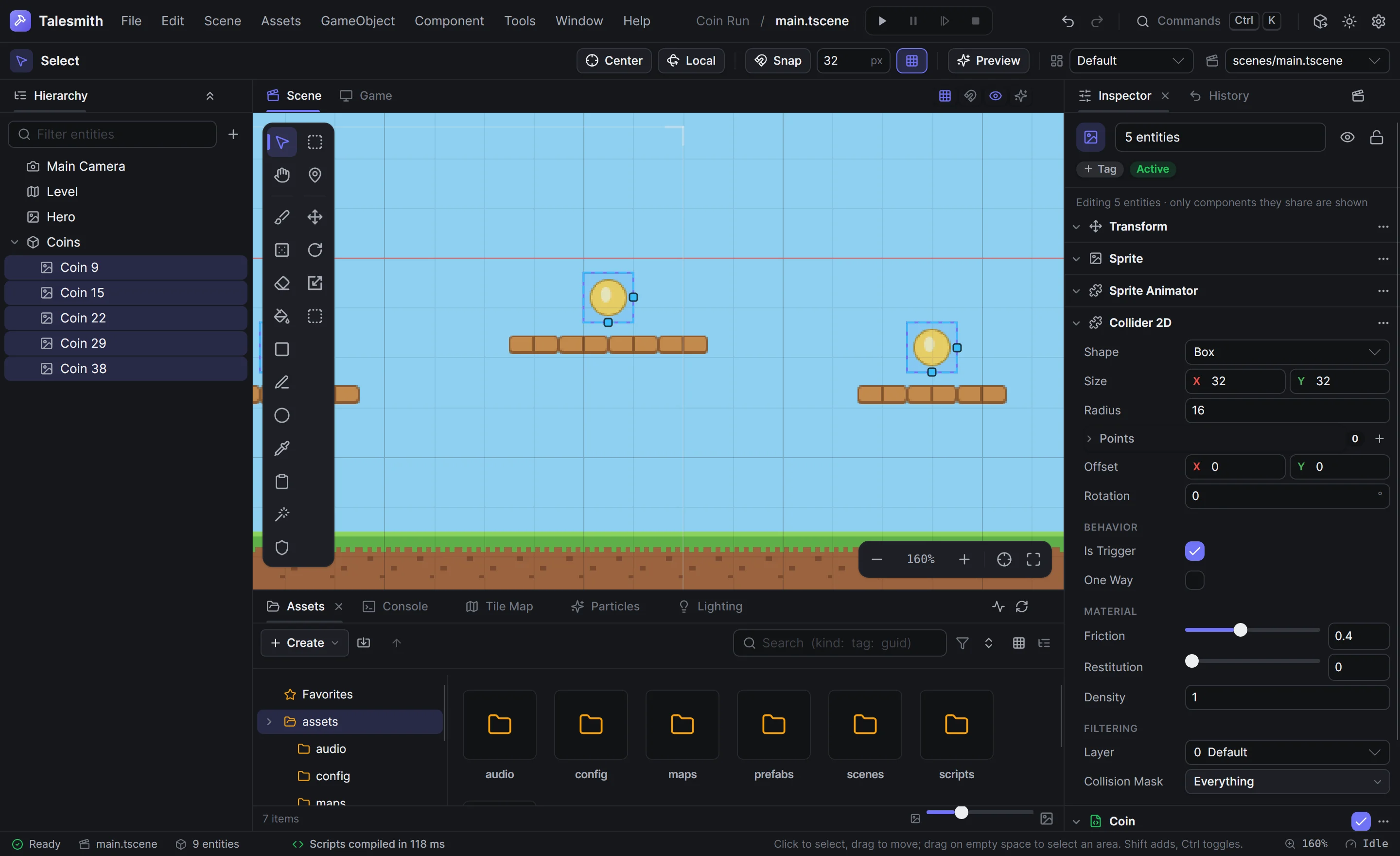 Five coins selected together, each with a trigger collider and the Coin script