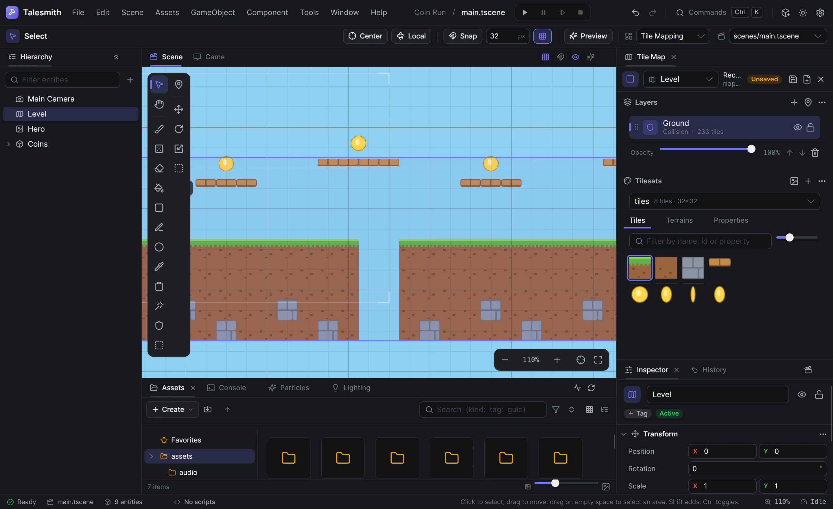 The Tile Map panel with the level's Ground layer given the Collision role