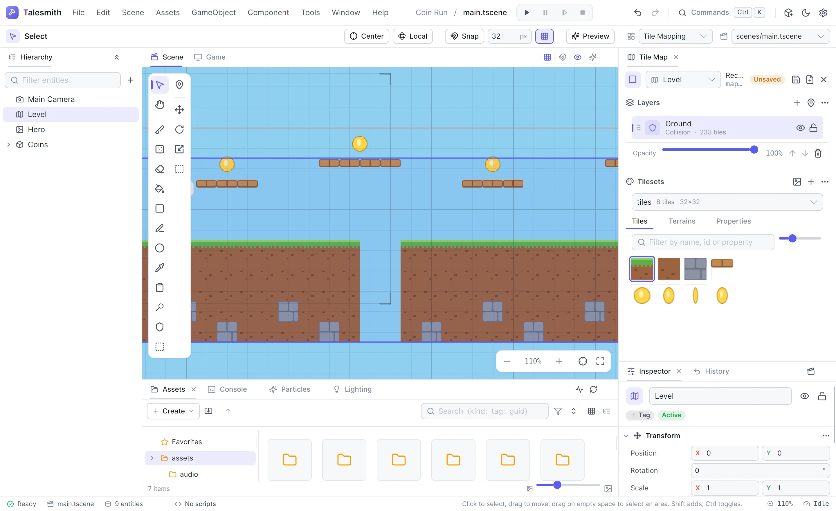 The Tile Map panel with the level's Ground layer given the Collision role