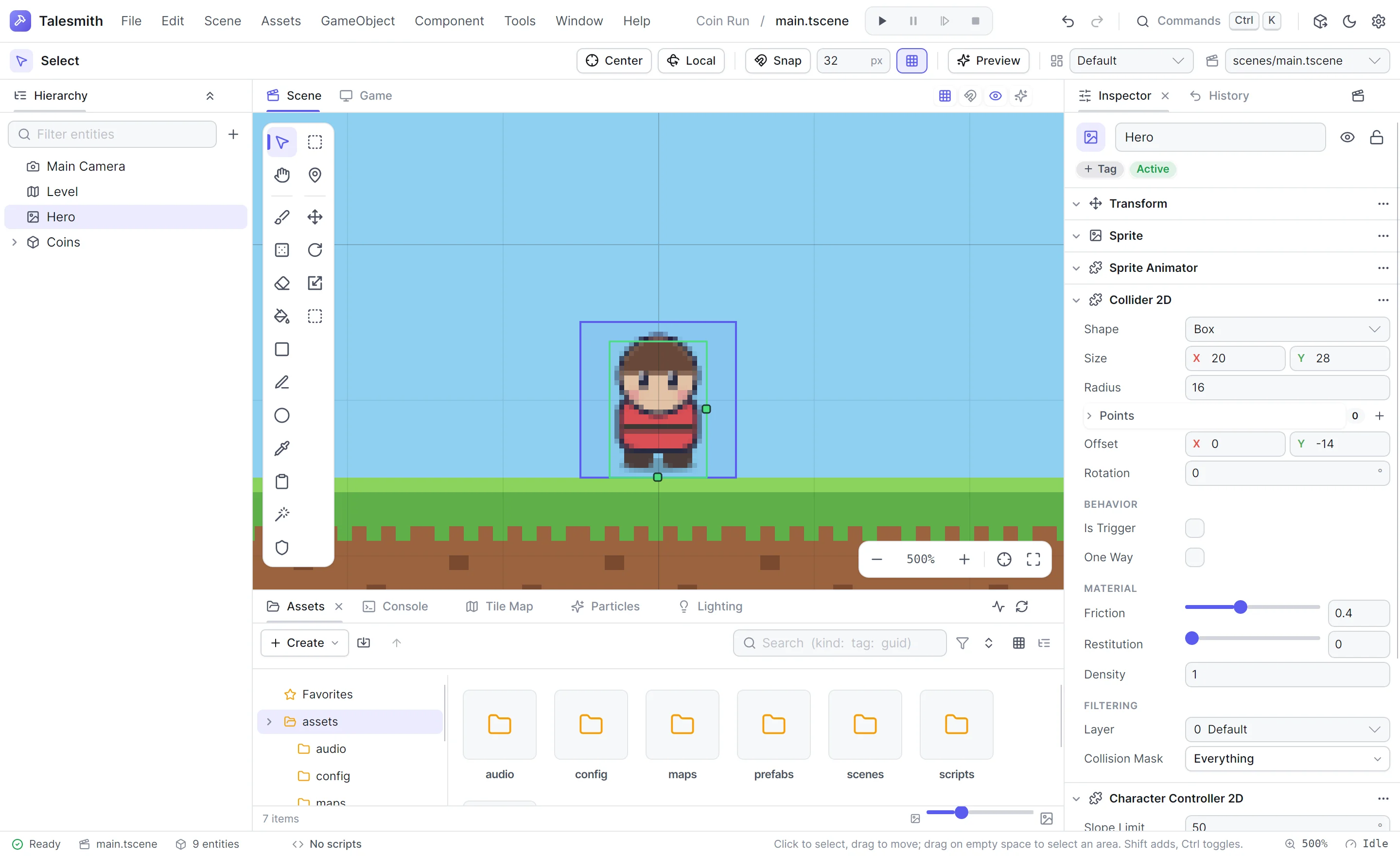 The hero with a Collider 2D and a Character Controller 2D, its collider outlined in the viewport