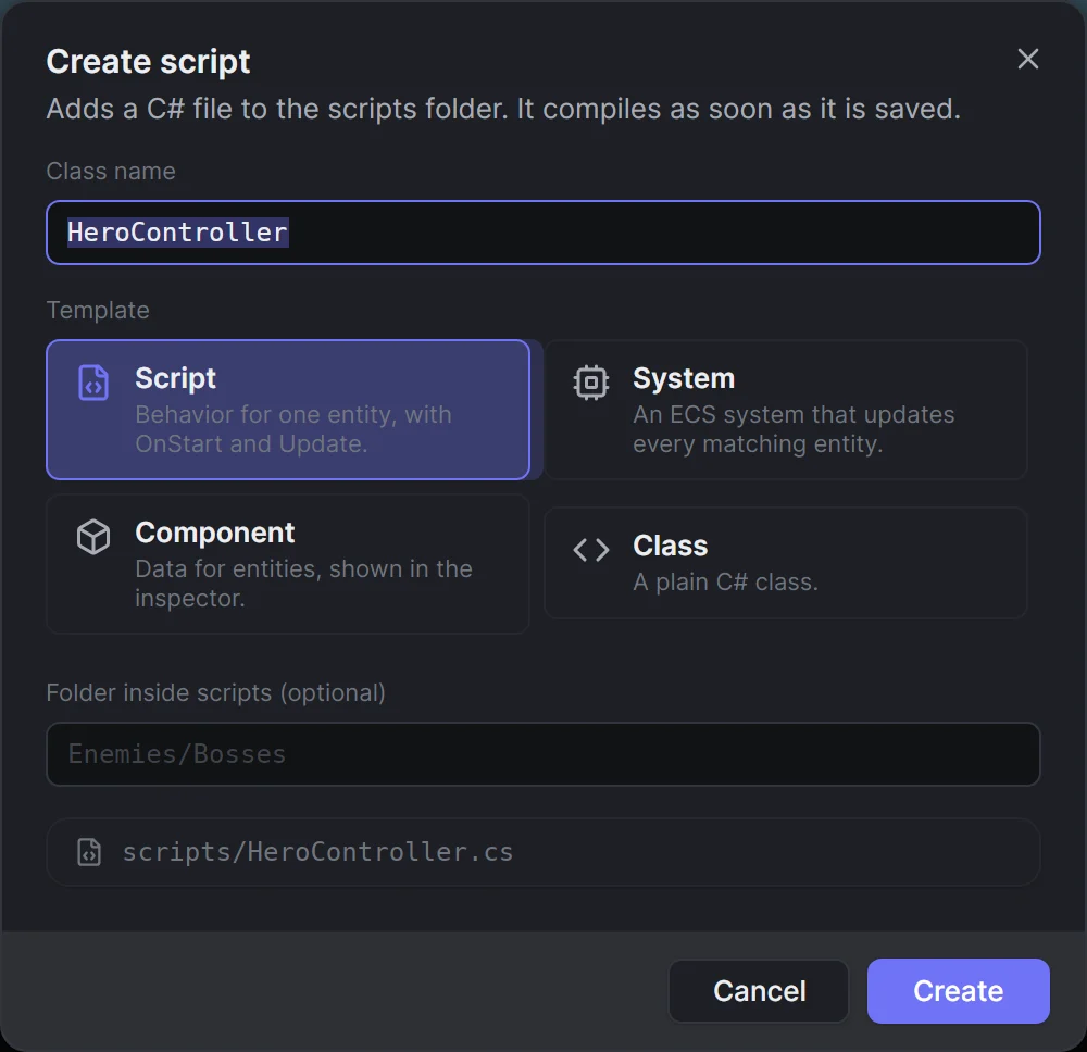 The Create script dialog with HeroController as the class name and the Script template chosen