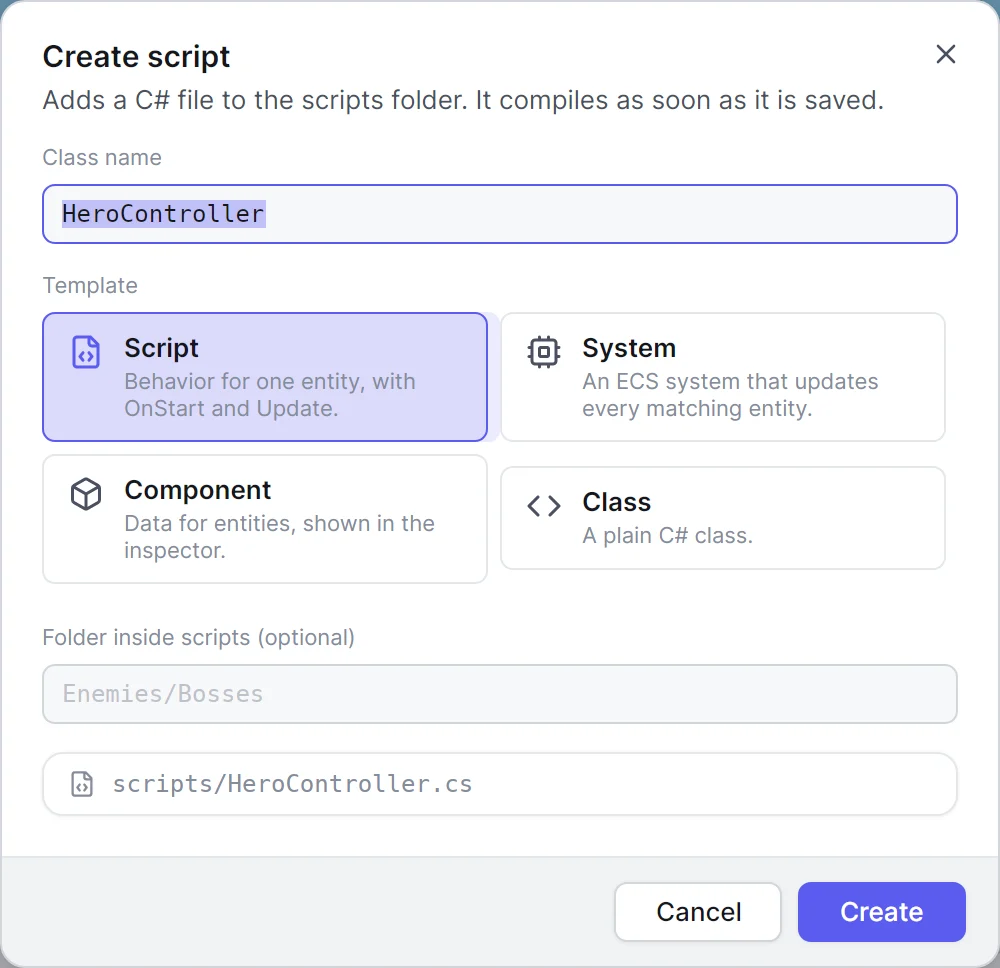 The Create script dialog with HeroController as the class name and the Script template chosen