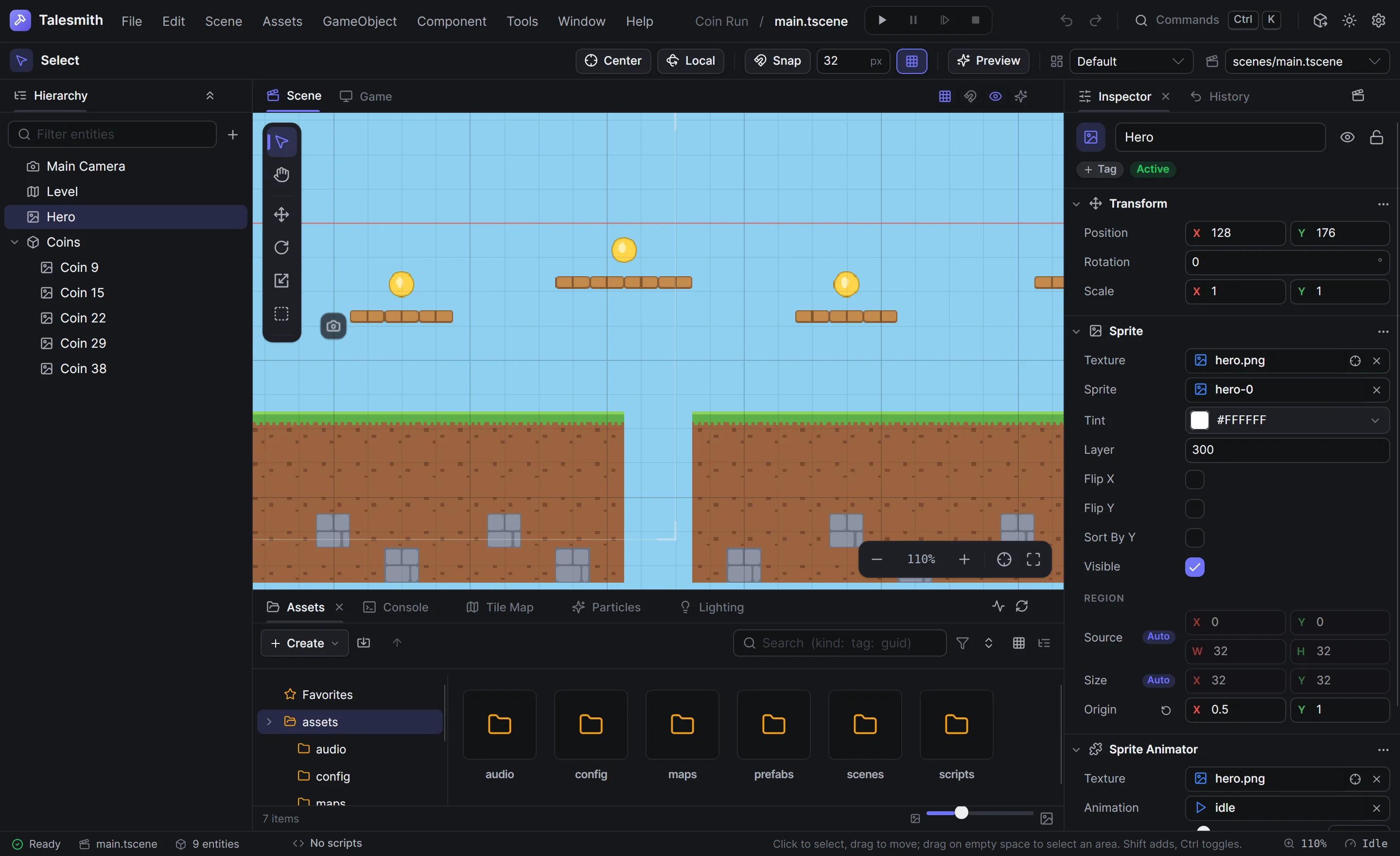 Coin Run's starter scene with the hero selected and the coins listed in the hierarchy
