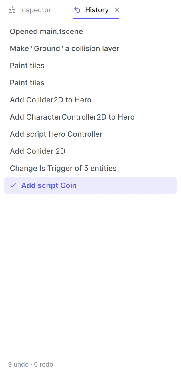 The History panel listing the steps of setting up the coins, with the current step checked