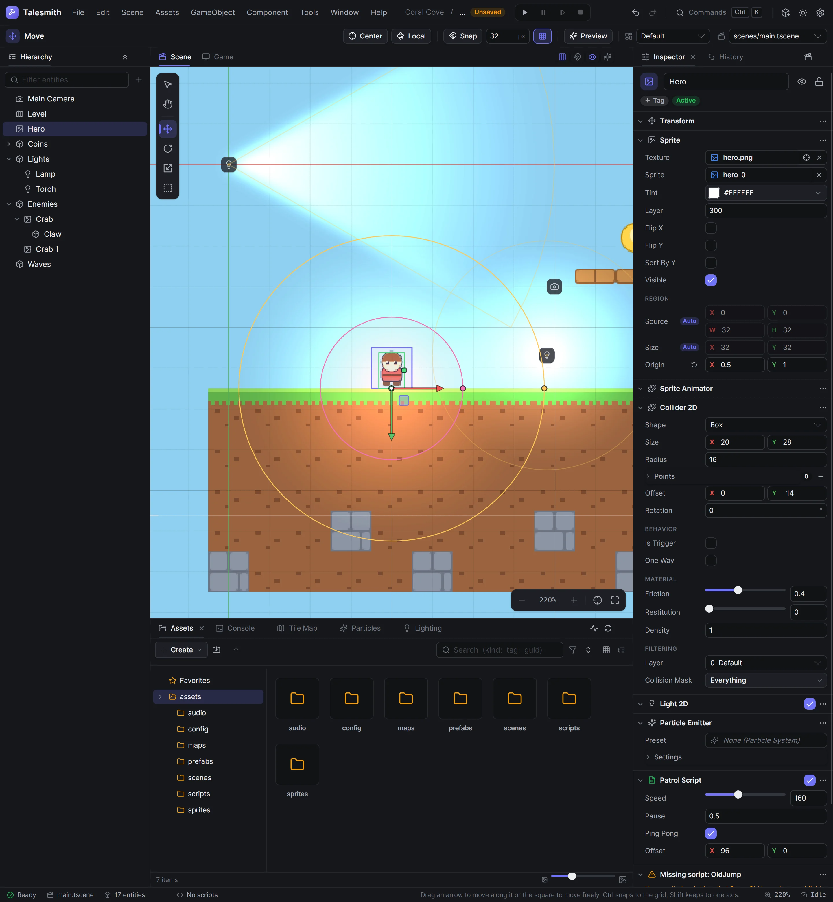 The Inspector showing an entity's sprite, collider, light, particle emitter and script sections
