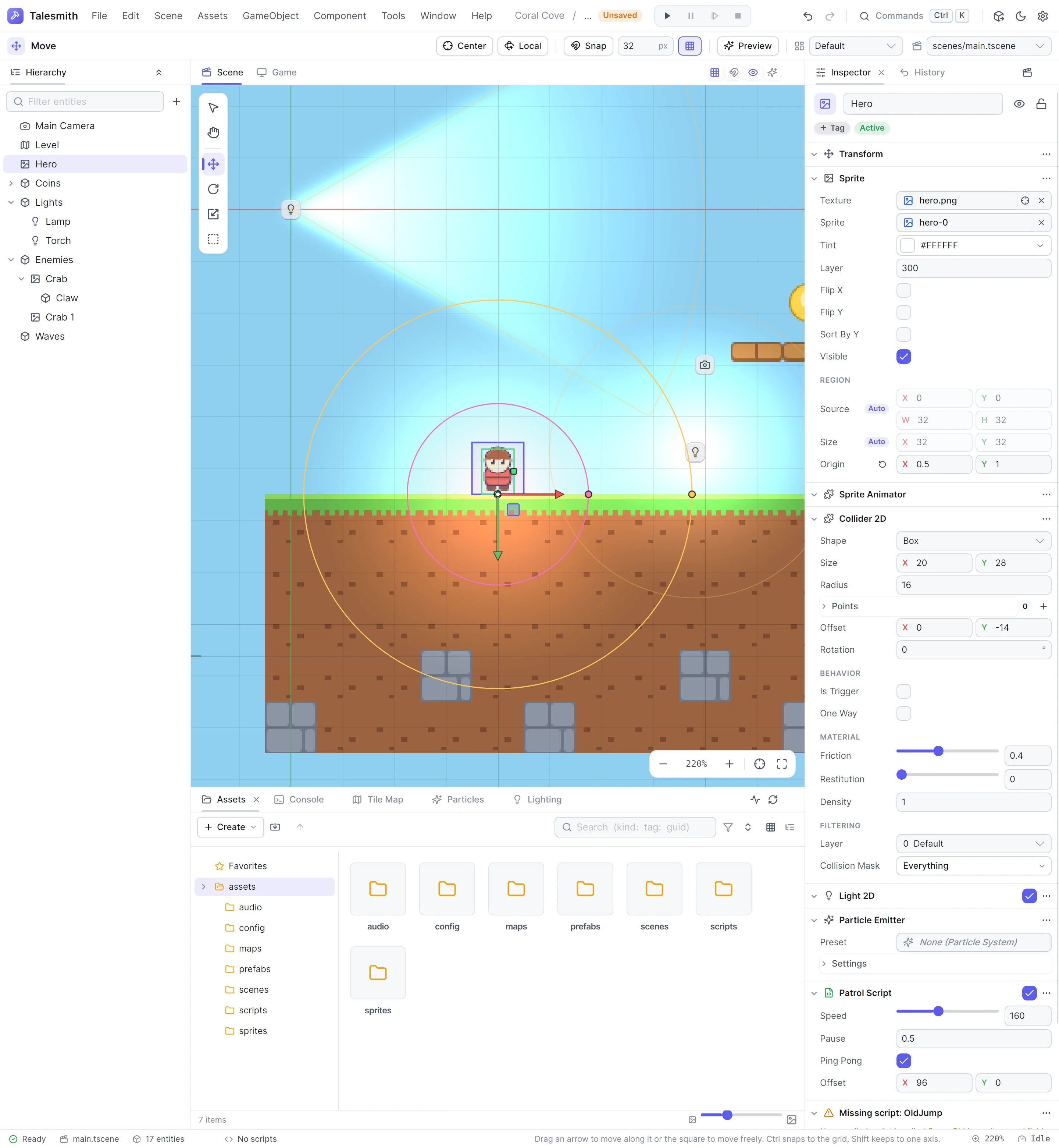 The Inspector showing an entity's sprite, collider, light, particle emitter and script sections
