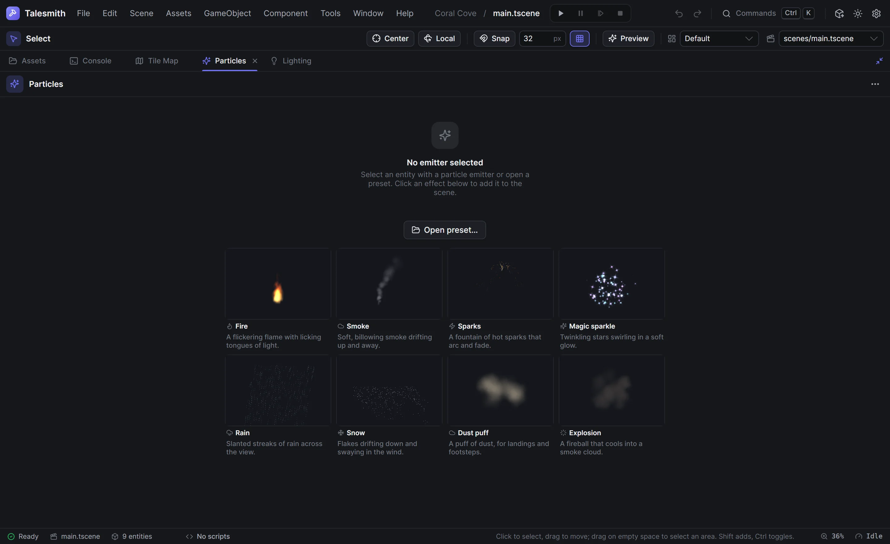 The gallery of built-in particle presets, each playing in its own preview