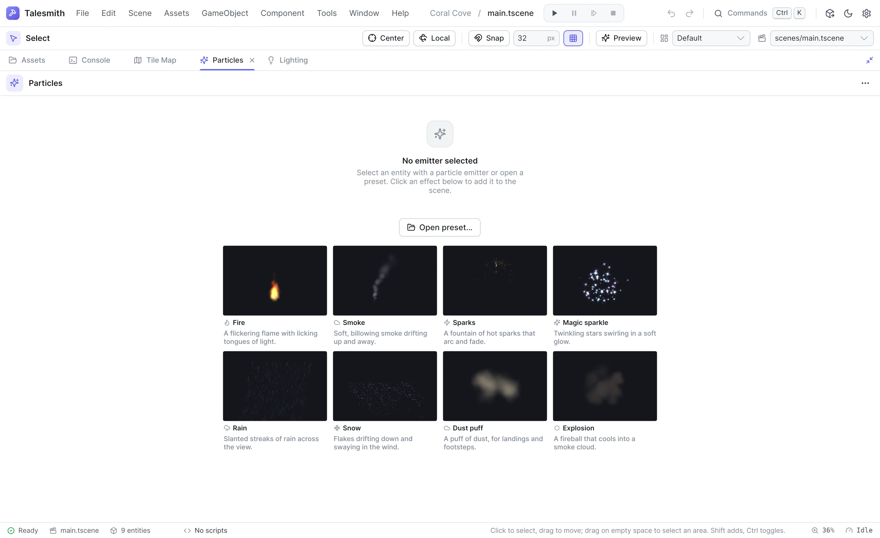 The gallery of built-in particle presets, each playing in its own preview