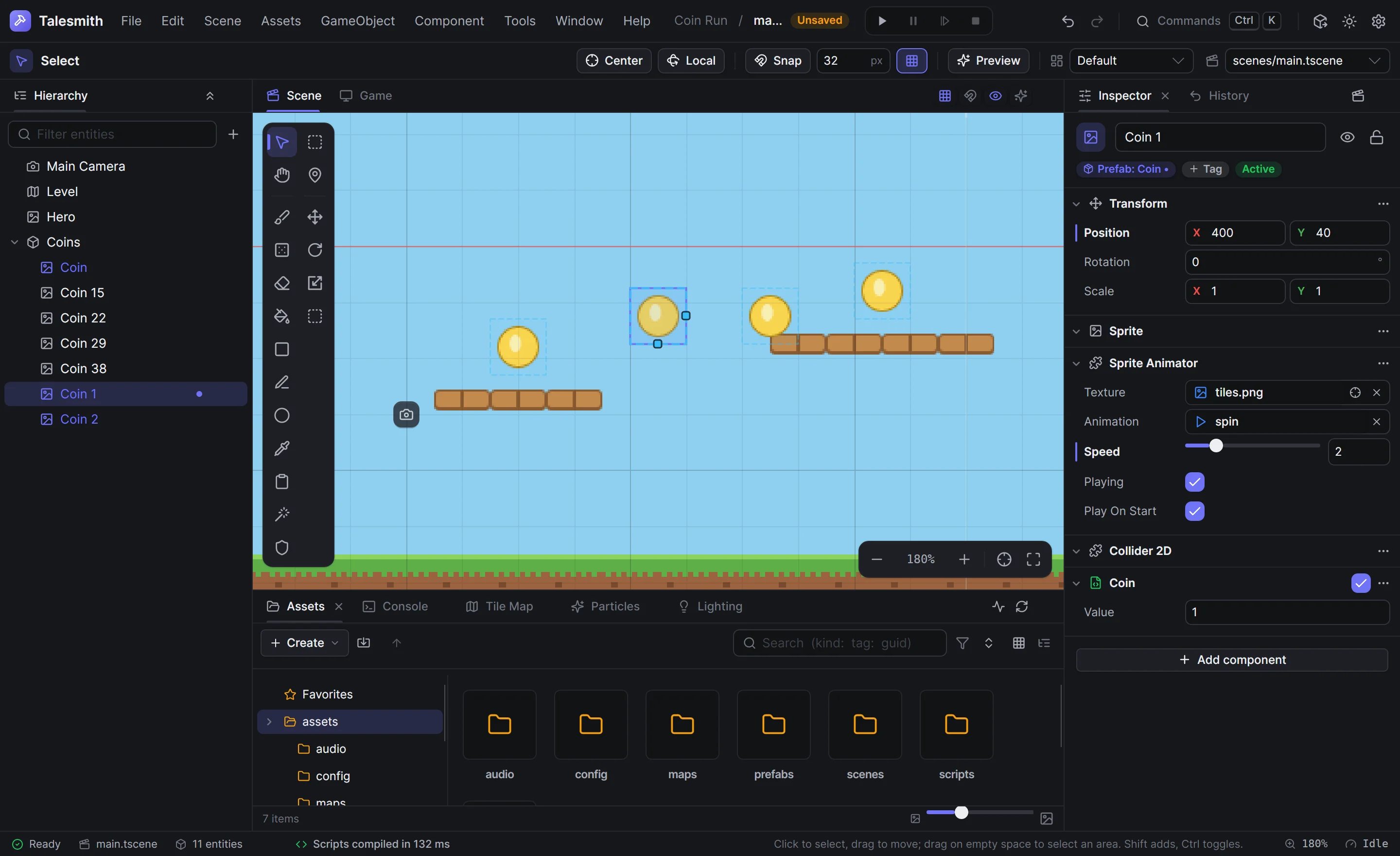A coin prefab instance with an overridden animation speed, its prefab badge and the hierarchy's modified dot