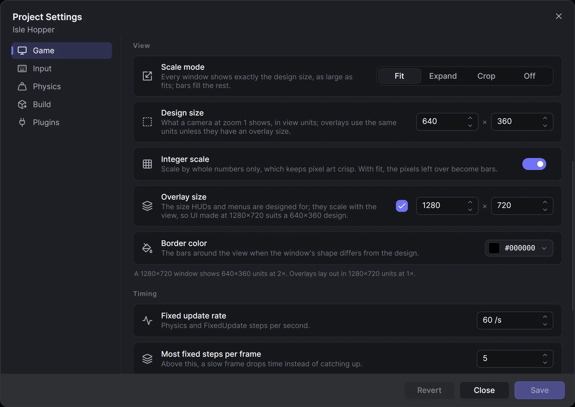 Project Settings on Isle Hopper's Game page, scrolled to the View section: fit, a 640 × 360 design size, integer scale, a 1280 × 720 overlay size, black bars and the sentence describing what a 1280 × 720 window shows