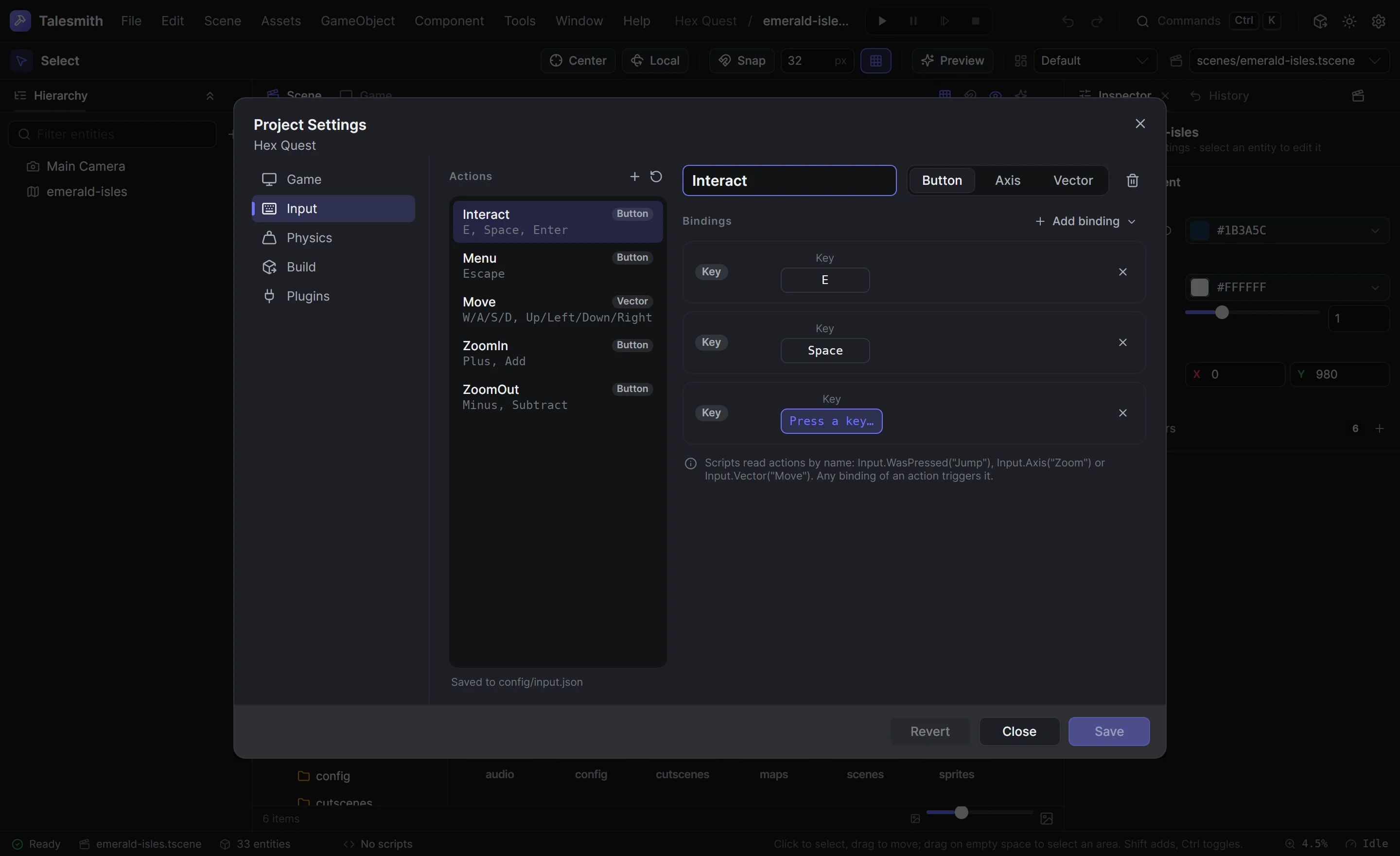 Project Settings on the input page, recording a new key for an action