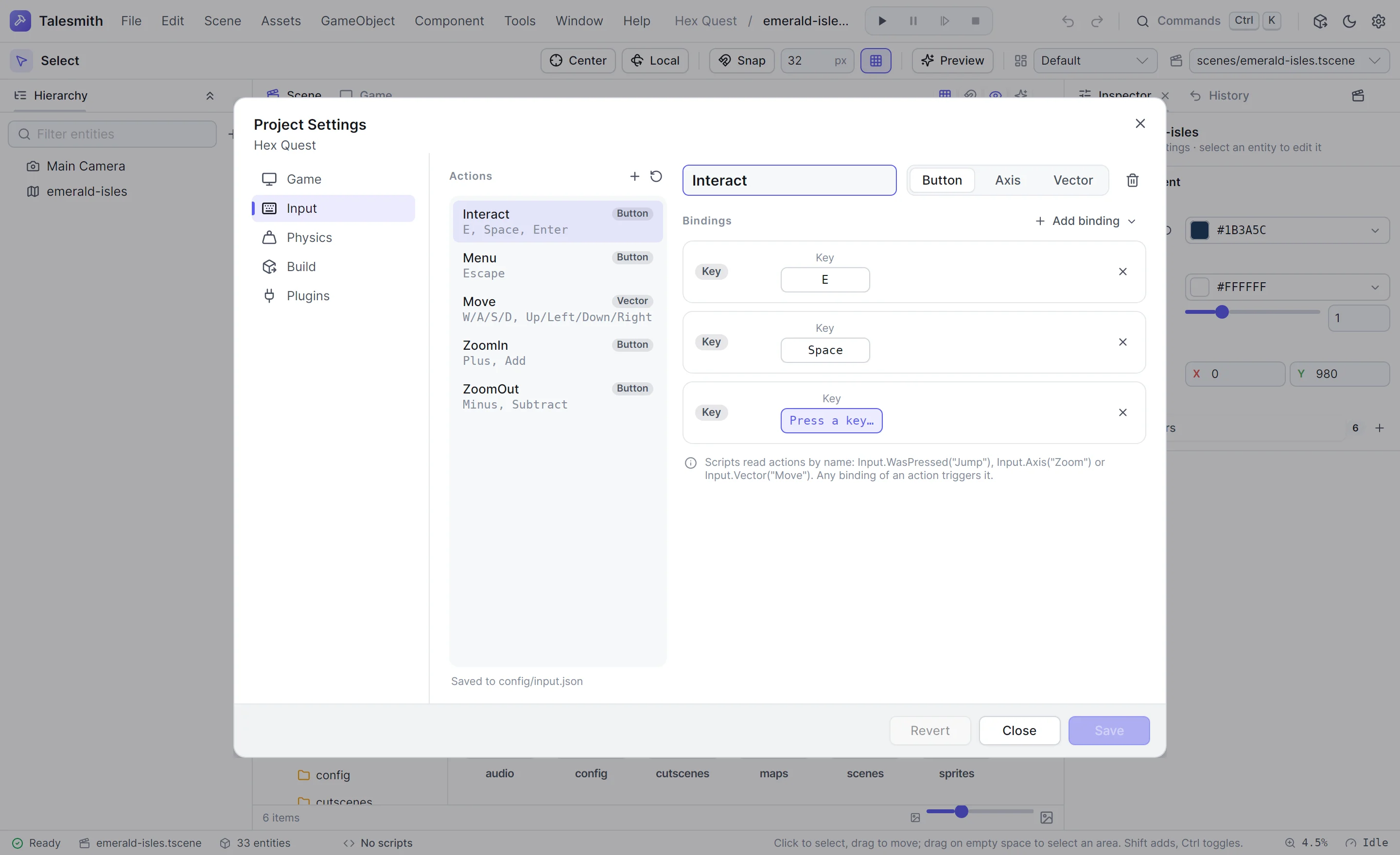 Project Settings on the input page, recording a new key for an action