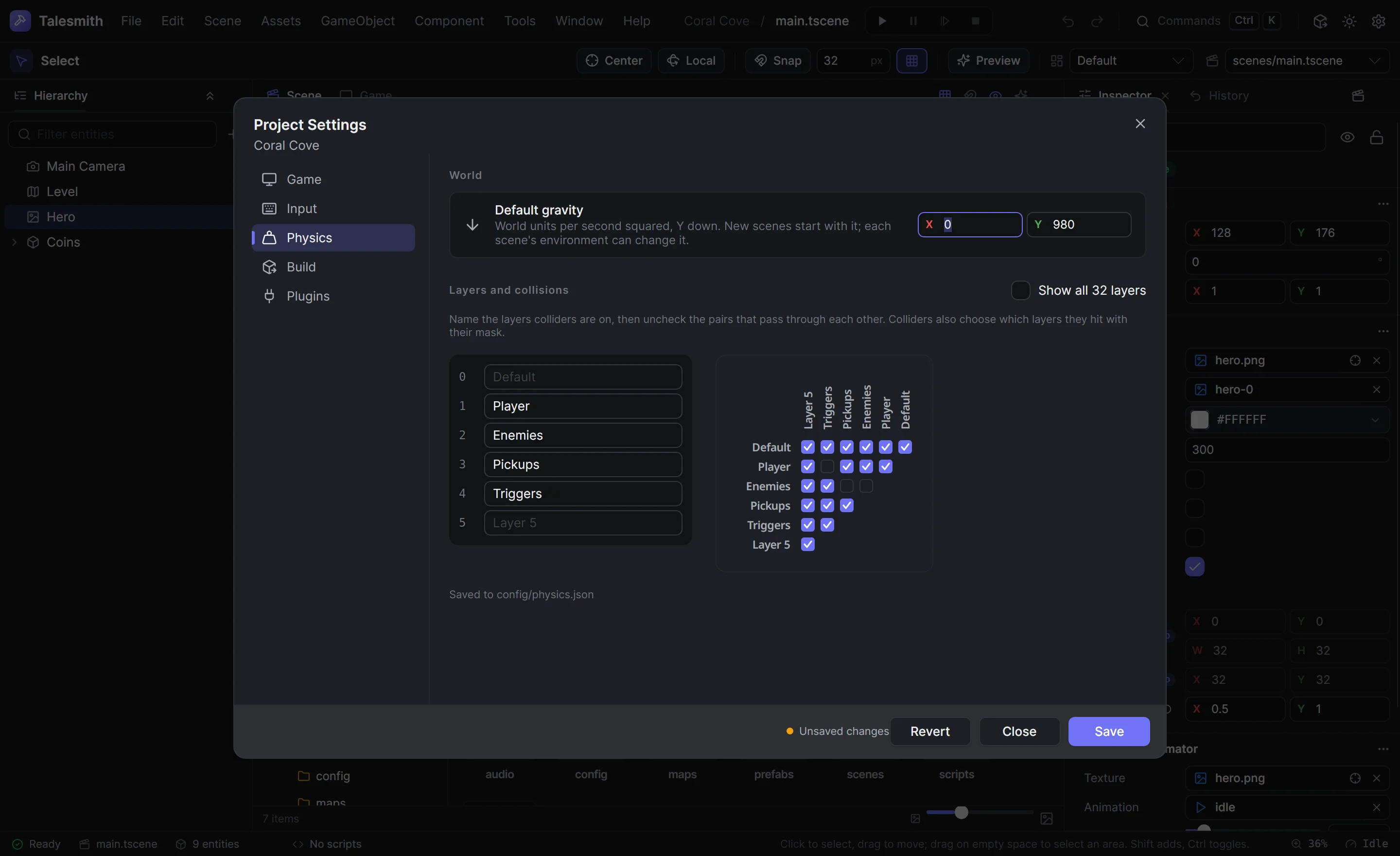 Project Settings on the physics page with named layers and the collision matrix
