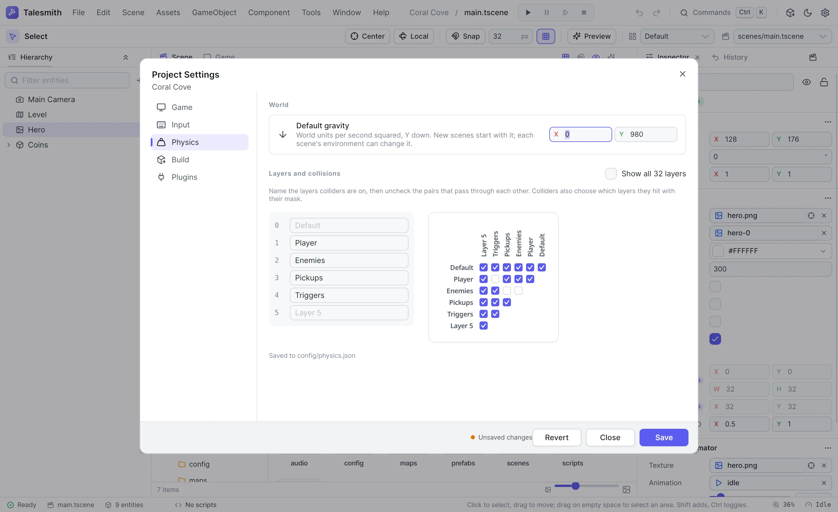 Project Settings on the physics page with named layers and the collision matrix