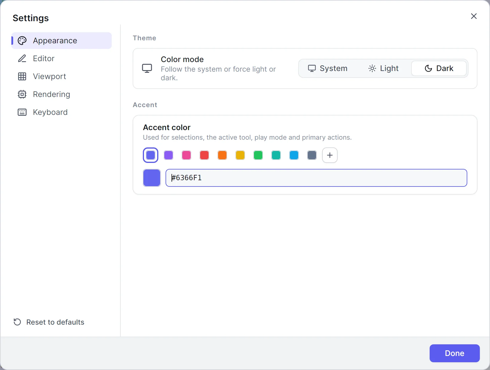 The Settings dialog on its Appearance page with the color mode and accent colors