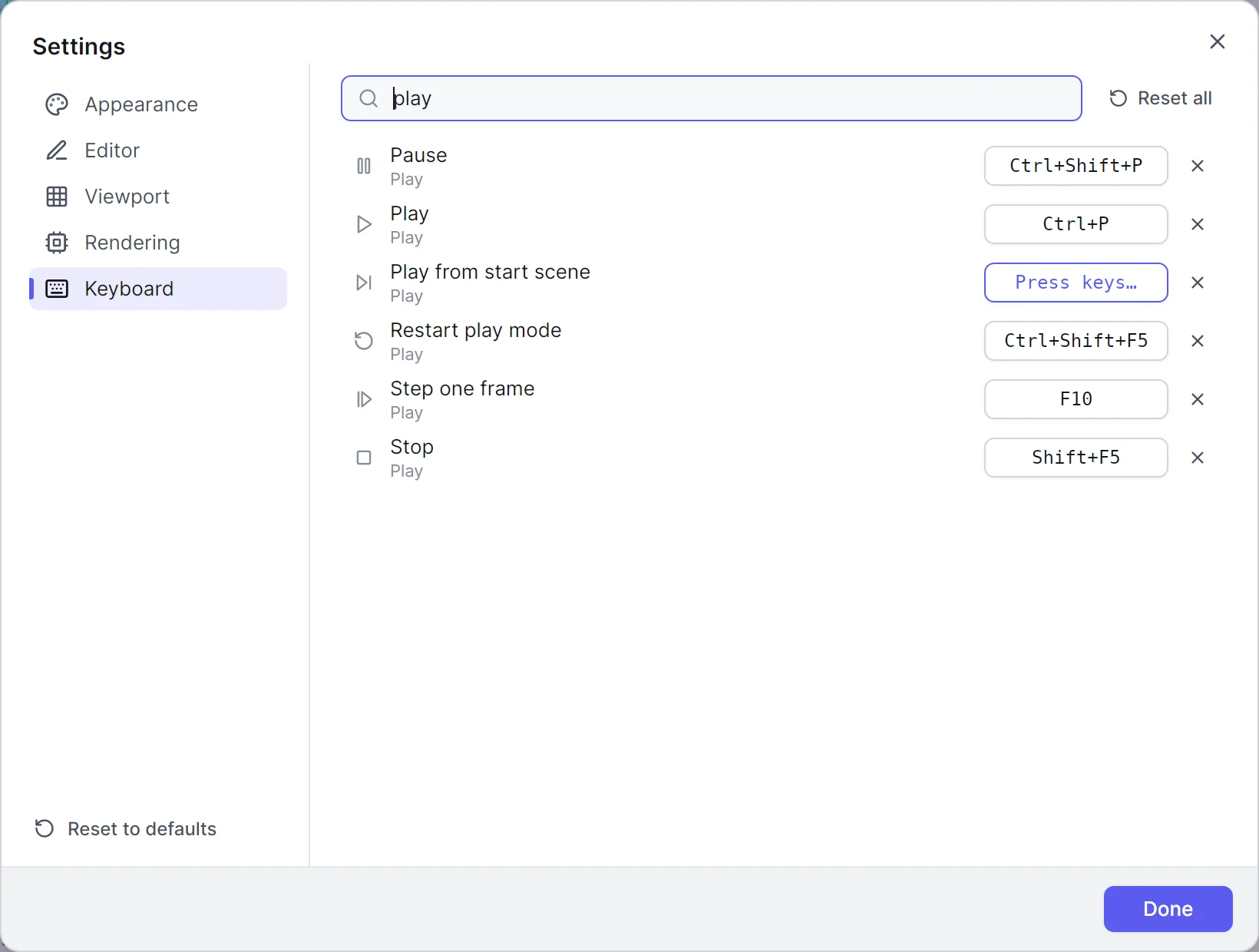 The Settings dialog's Keyboard page filtered to play commands, recording a new shortcut for Play from start scene