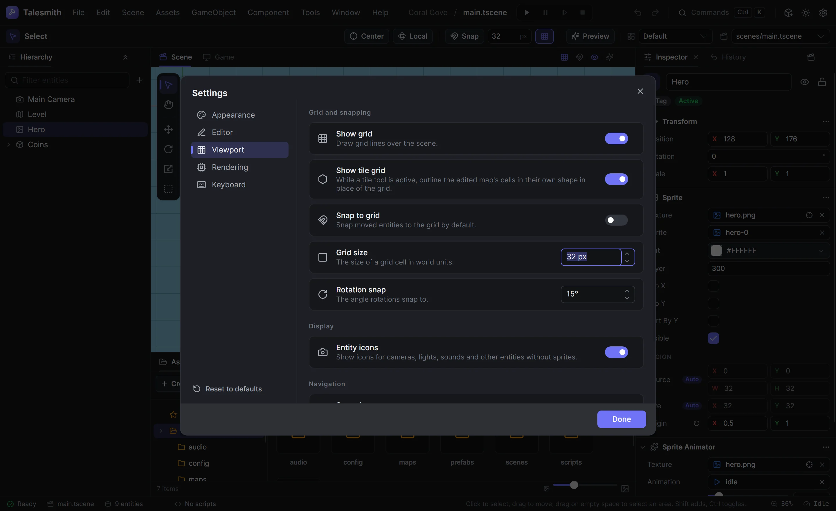 The Settings dialog on its Viewport page with the grid, snapping, entity icon and zoom settings