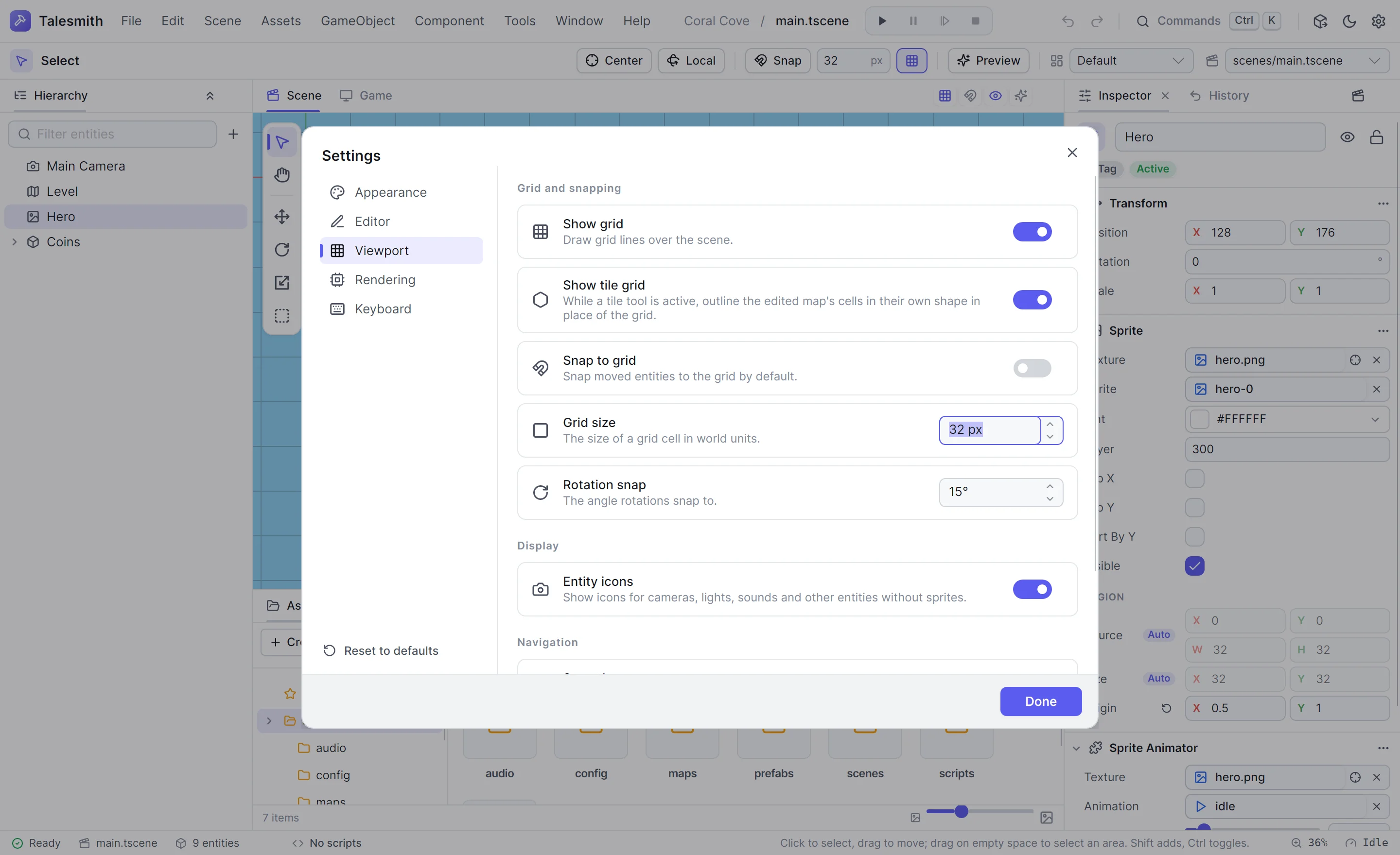 The Settings dialog on its Viewport page with the grid, snapping, entity icon and zoom settings