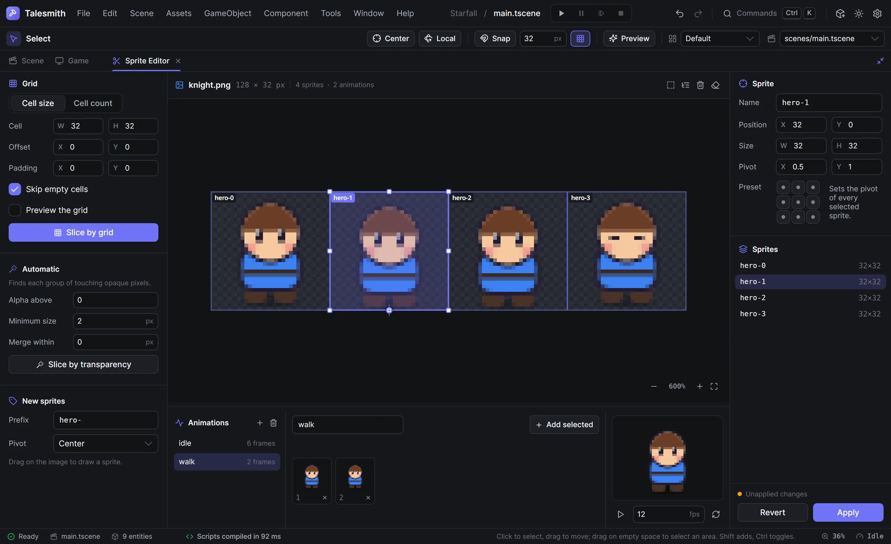 The sprite editor with a sliced character sheet, a selected sprite and an animation in the frame strip