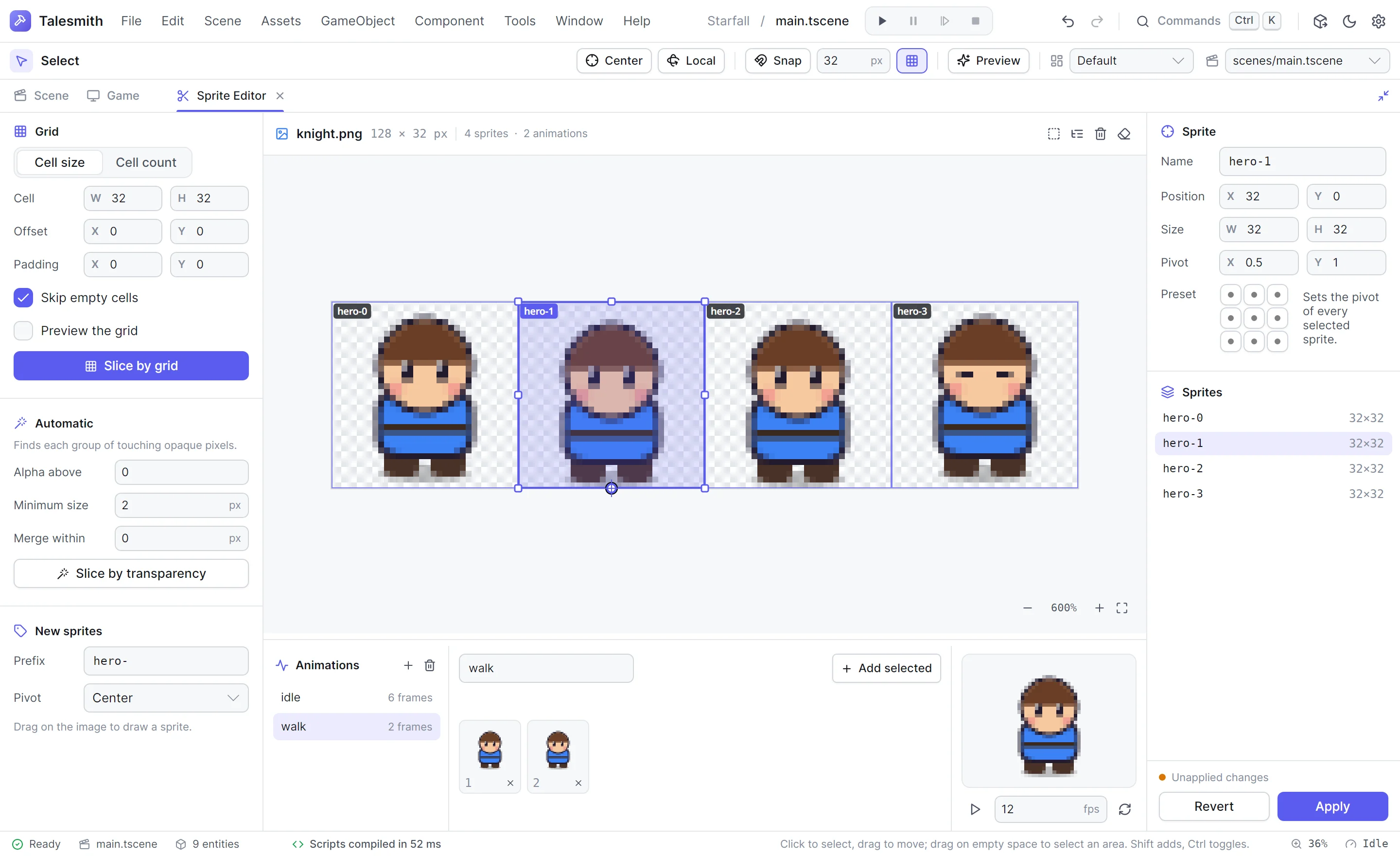 The sprite editor with a sliced character sheet, a selected sprite and an animation in the frame strip