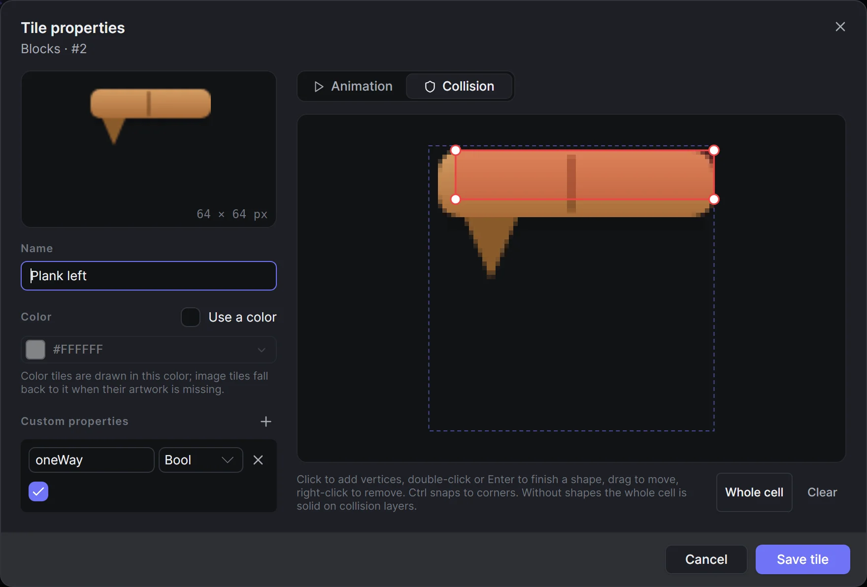 The Tile properties dialog on its Collision page, with a tile's collision shape