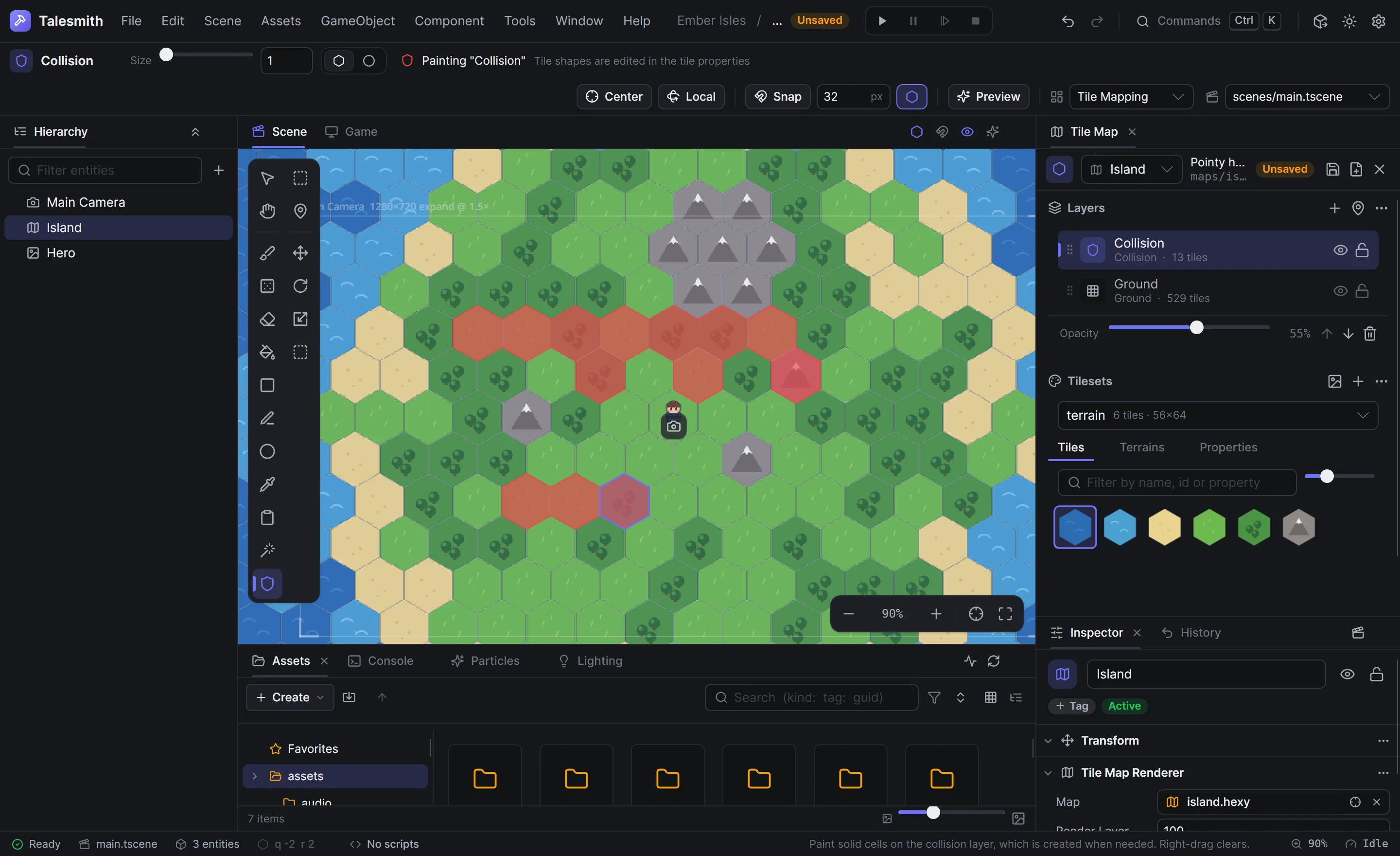 The Collision tool painting solid cells on a hex island, on a collision layer it added