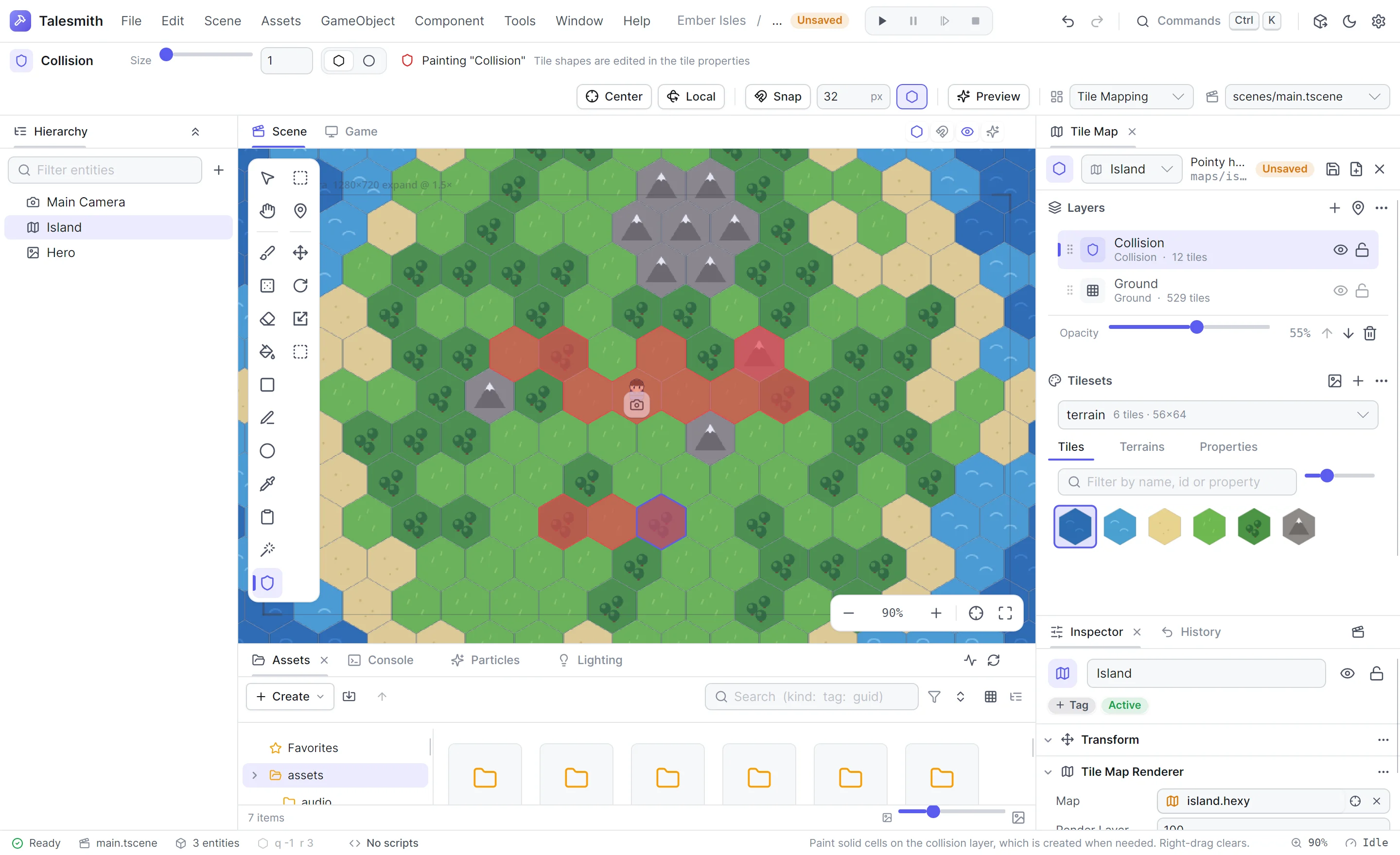 The Collision tool painting solid cells on a hex island, on a collision layer it added