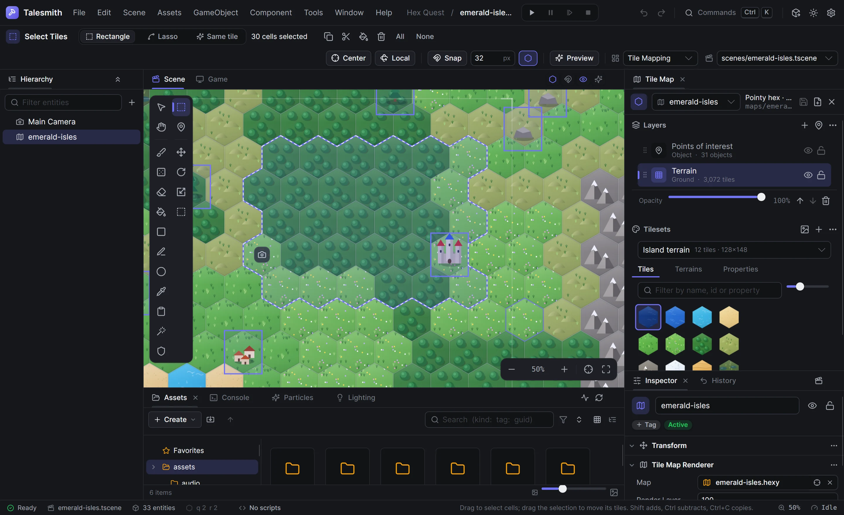 A rectangle of hexes selected with the Select Tiles tool, its options in the tool options bar