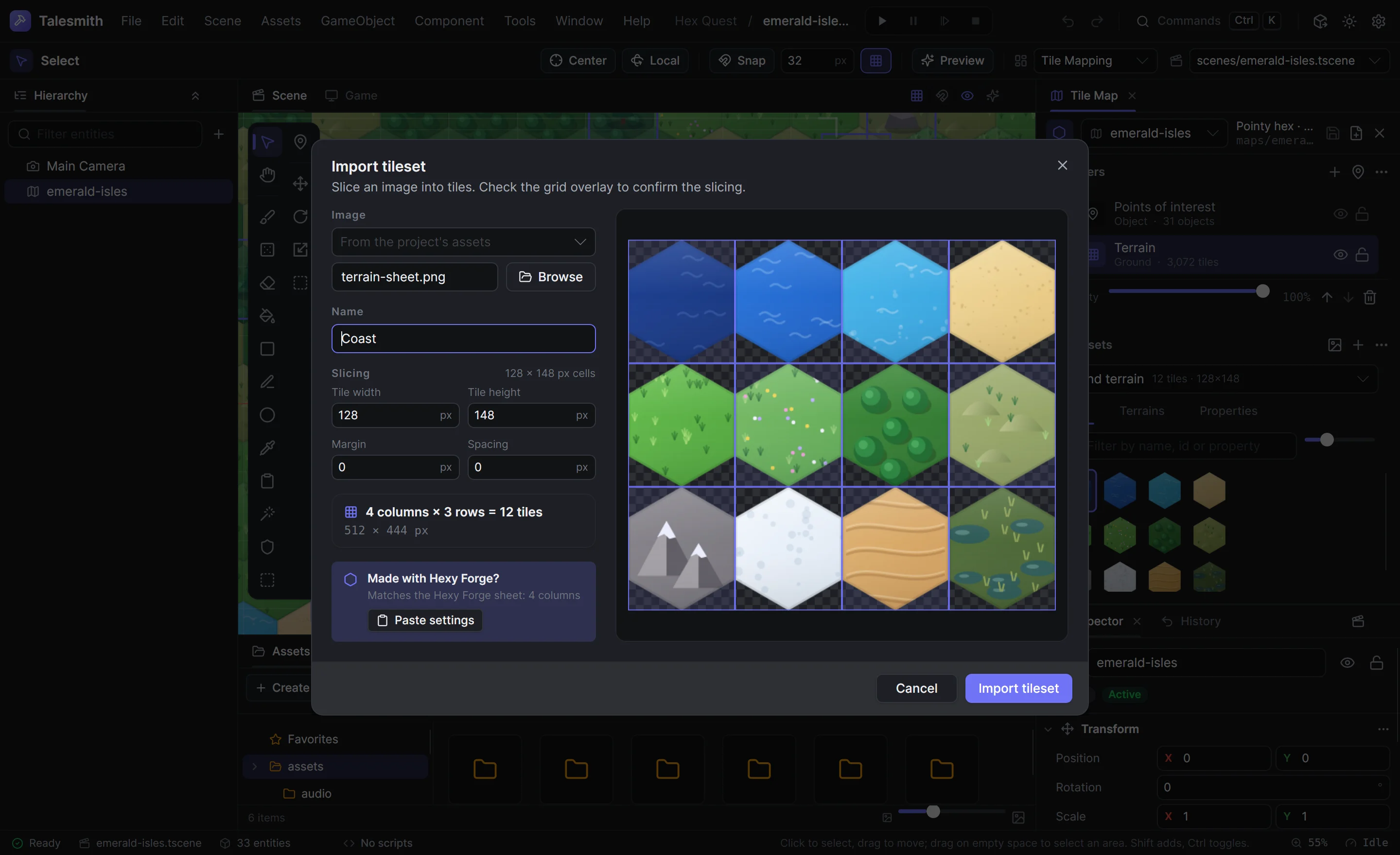The tileset import dialog slicing a tileset image into tiles