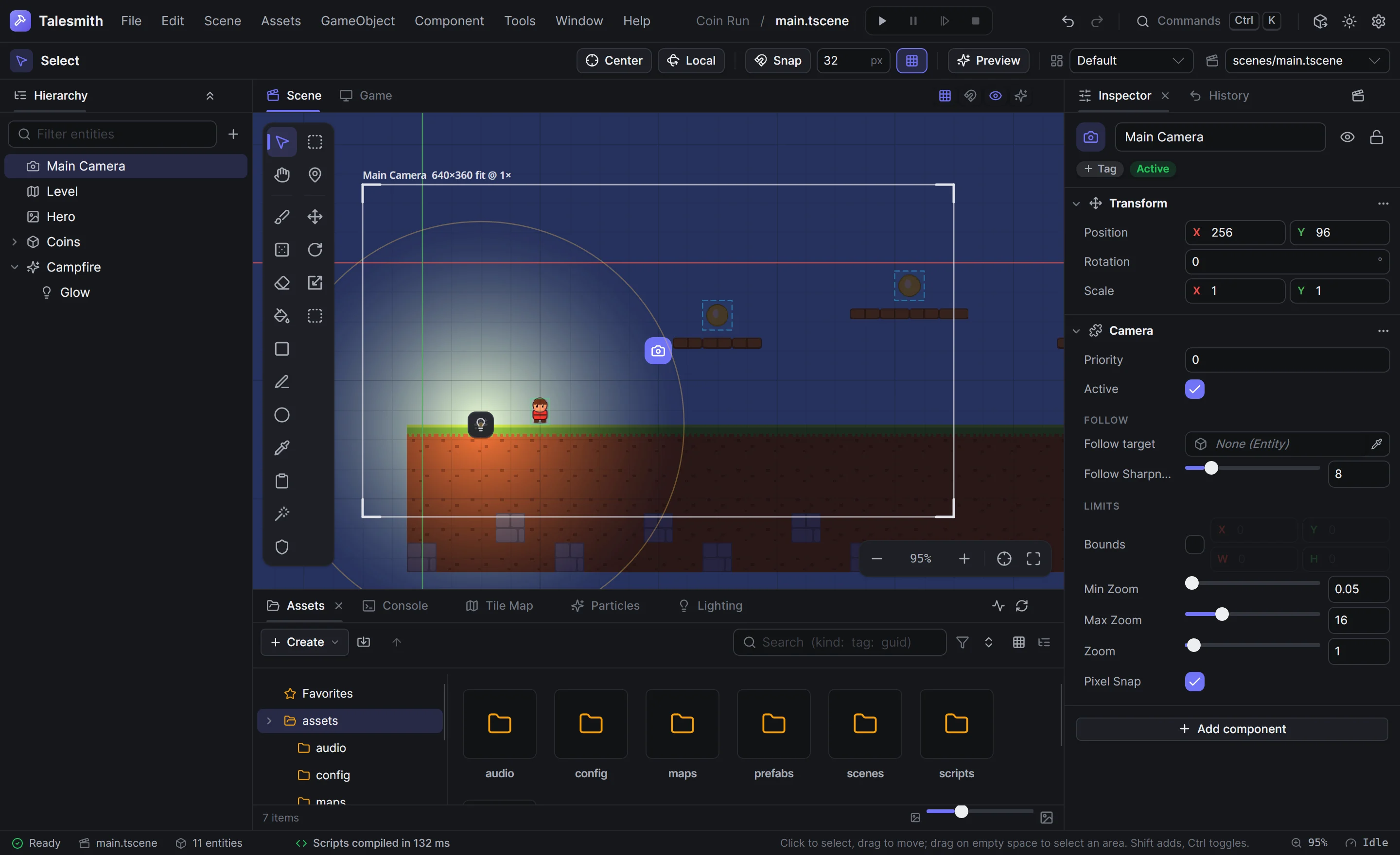 The main camera selected in the viewport, its 640 × 360 frame labeled with its name, design size, scale mode and zoom