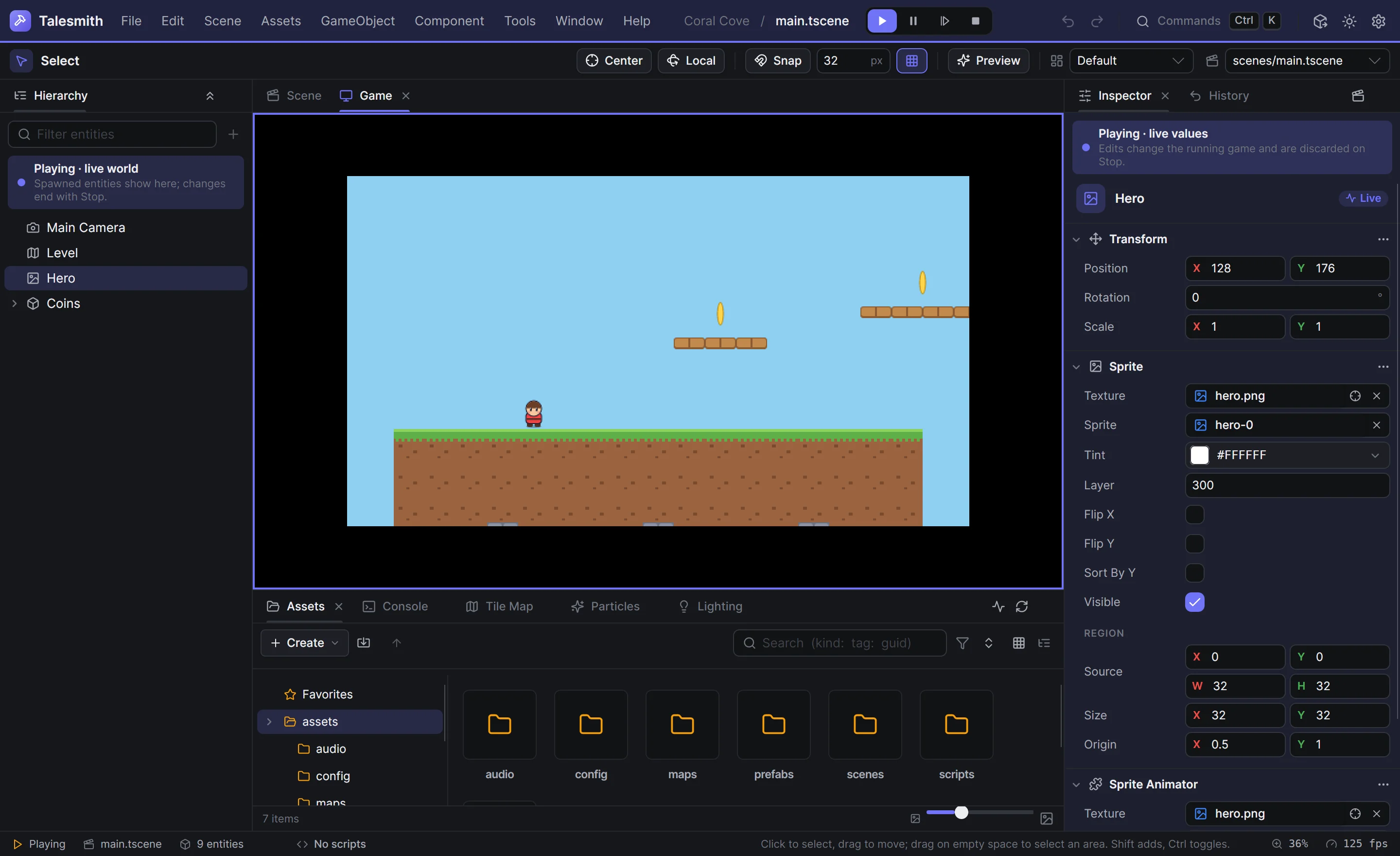 Play mode with the game running inside the editor