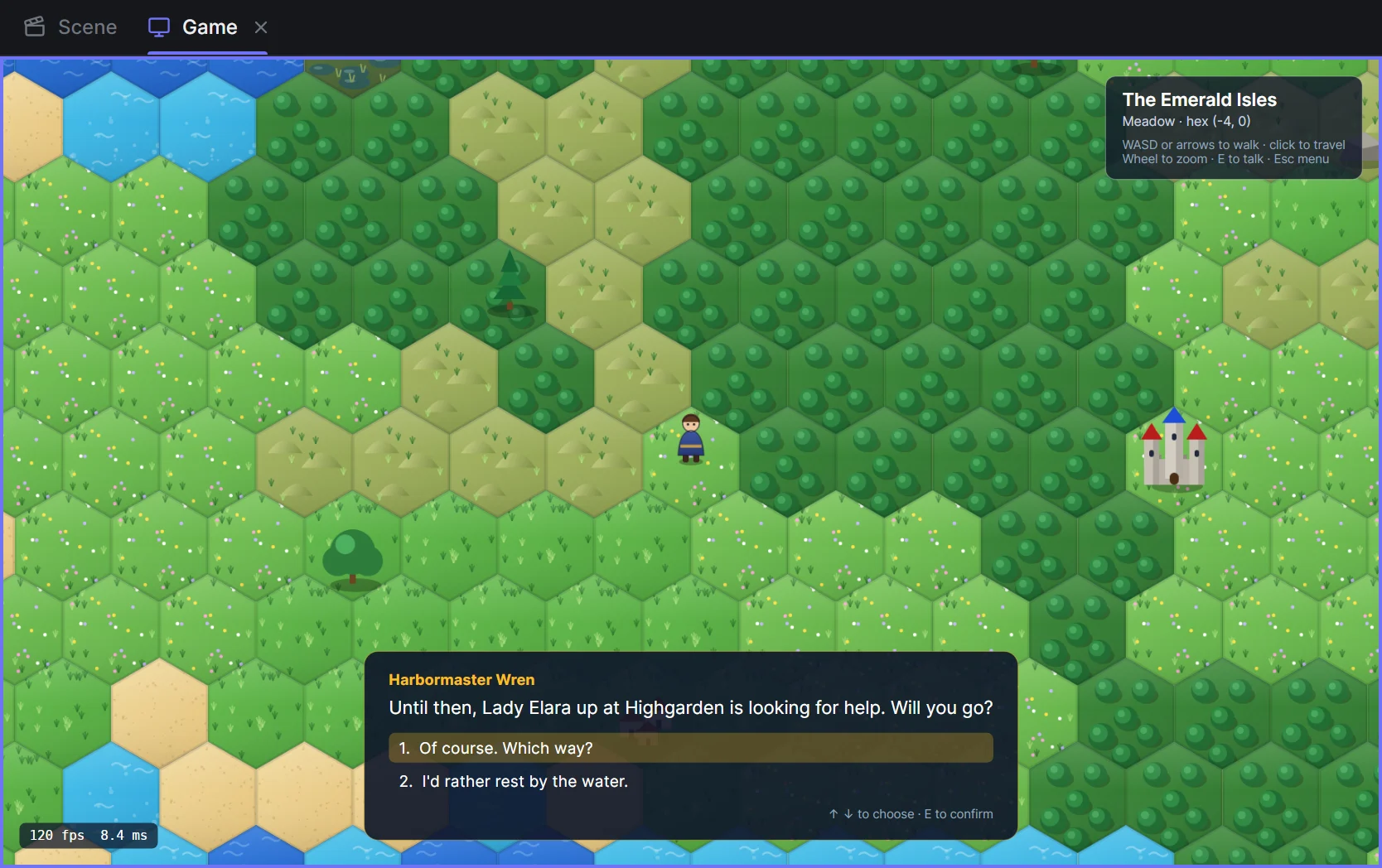 Hex Quest in play mode with the dialogue box of the cutscene plugin: Harbormaster Wren asks whether you will go to Highgarden, with two numbered answers