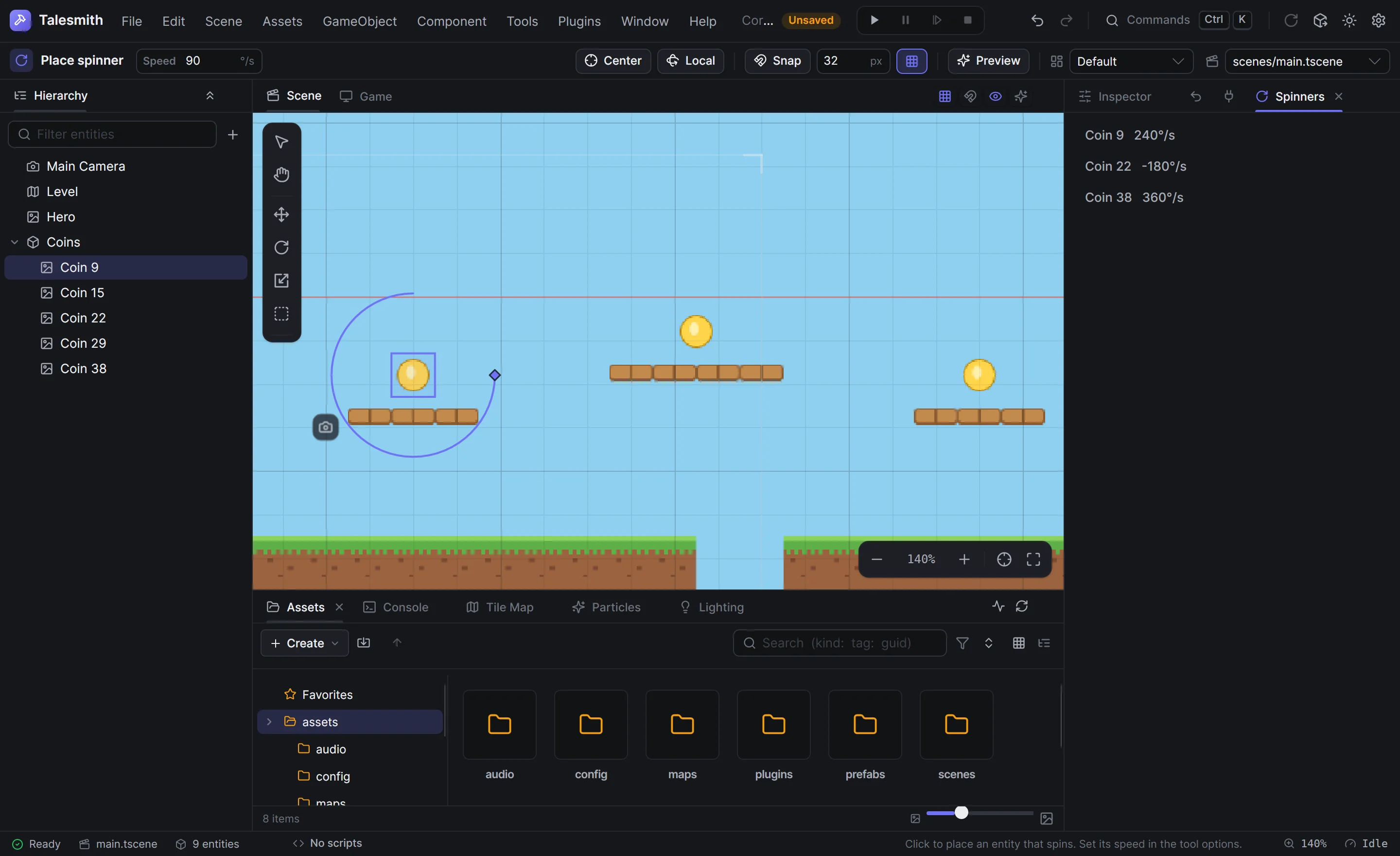The editor with the Spinners editor plugin: the Spinners panel listing three coins, the Place spinner tool selected with its Speed option, an arc gizmo with a handle around the selected coin, and an Add spinner button in the app bar