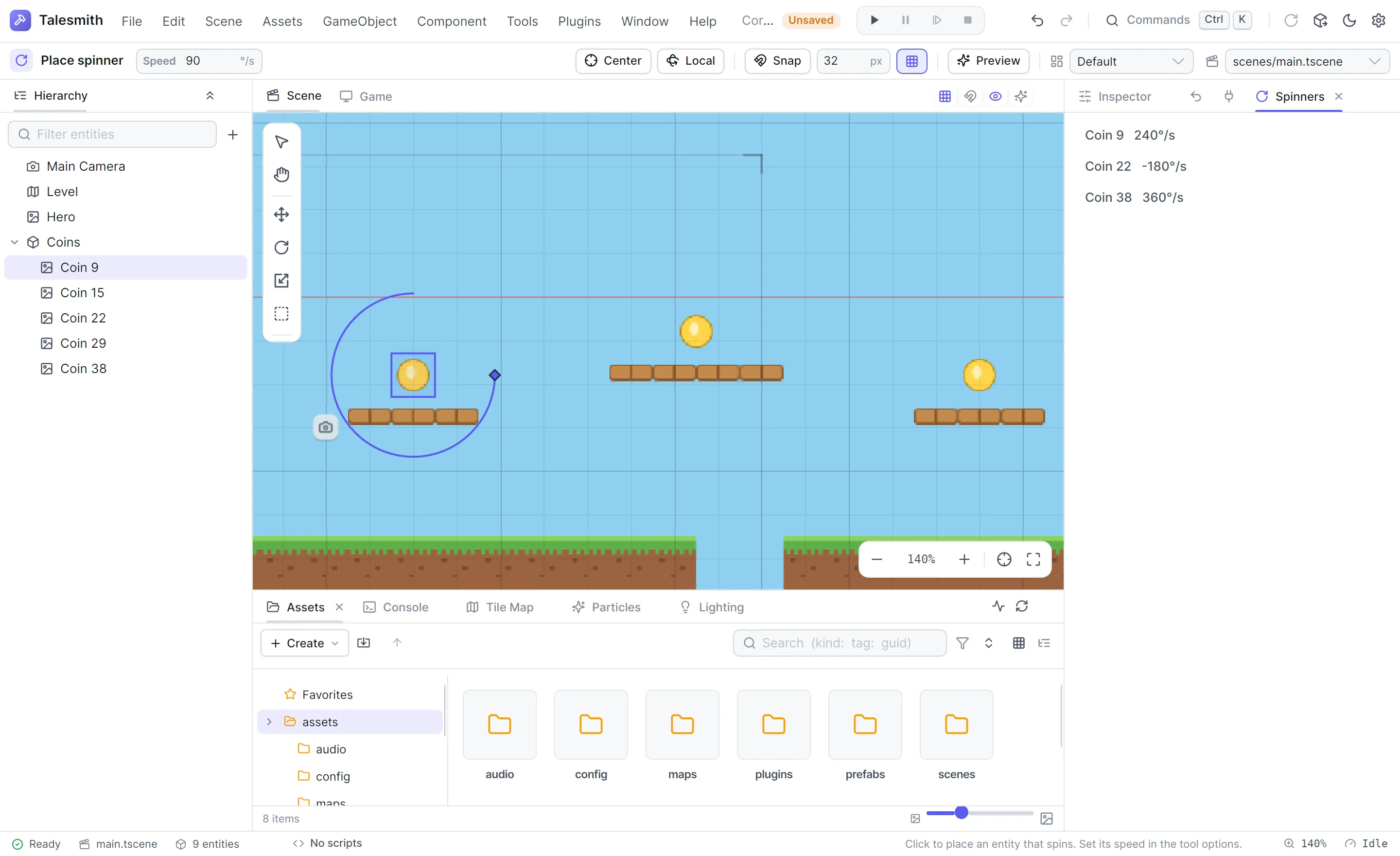 The editor with the Spinners editor plugin: the Spinners panel listing three coins, the Place spinner tool selected with its Speed option, an arc gizmo with a handle around the selected coin, and an Add spinner button in the app bar