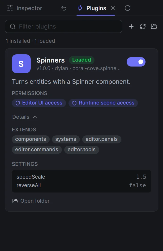 The Spinners card expanded, with its Runtime scene access and Editor UI access permissions, the extension points it lists and its saved settings speedScale and reverseAll