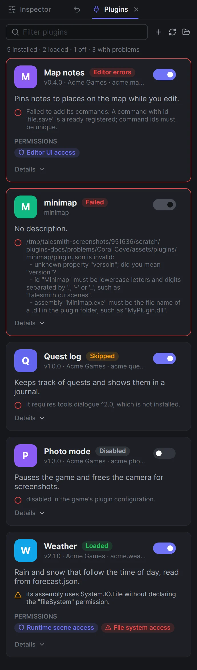 Plugin cards in the Plugins panel: a folder with an invalid manifest, Map notes with editor errors, Quest log skipped for a missing dependency, Weather with a red File system access chip, and Photo mode switched off
