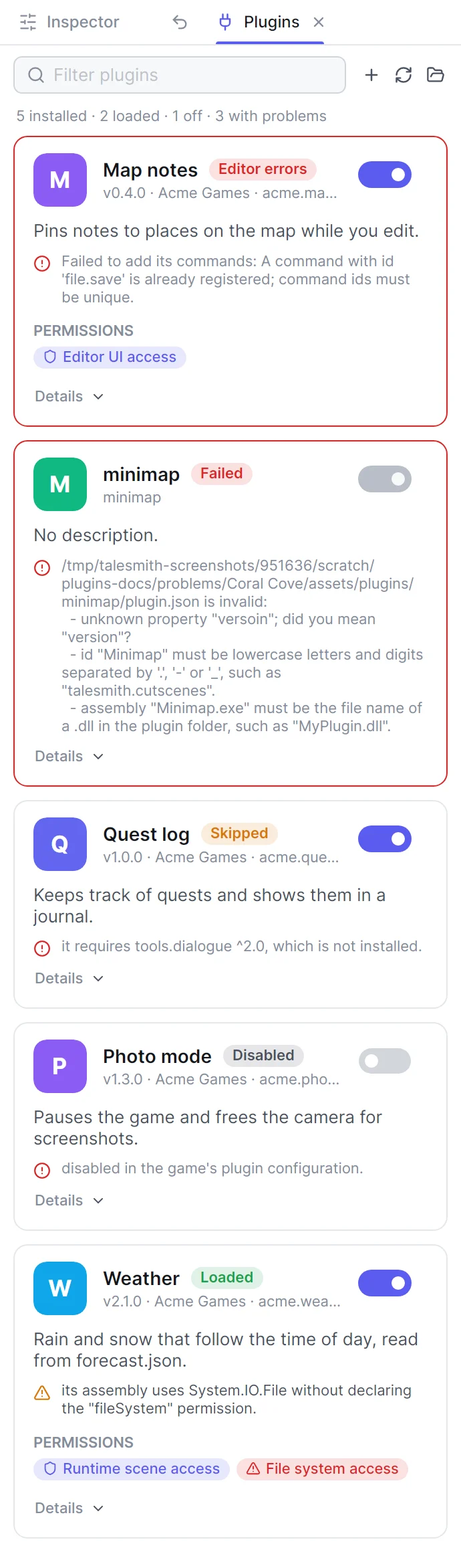 Plugin cards in the Plugins panel: a folder with an invalid manifest, Map notes with editor errors, Quest log skipped for a missing dependency, Weather with a red File system access chip, and Photo mode switched off