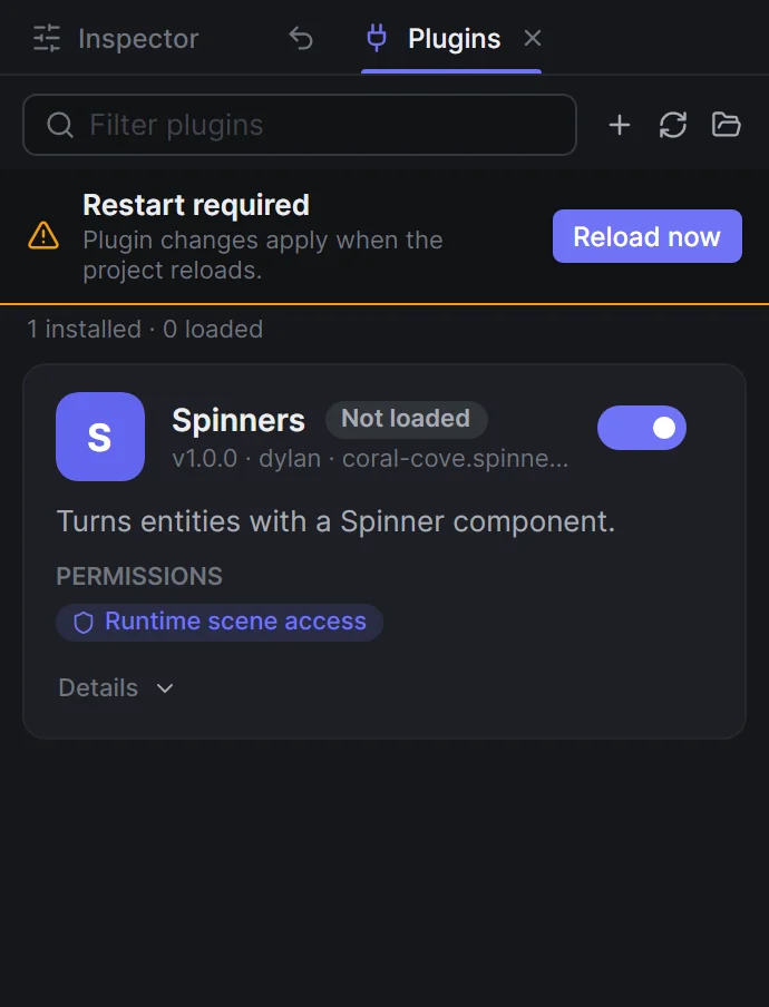 The Plugins panel after a rescan: a Restart required bar with a Reload now button above the Spinners card, which shows Not loaded