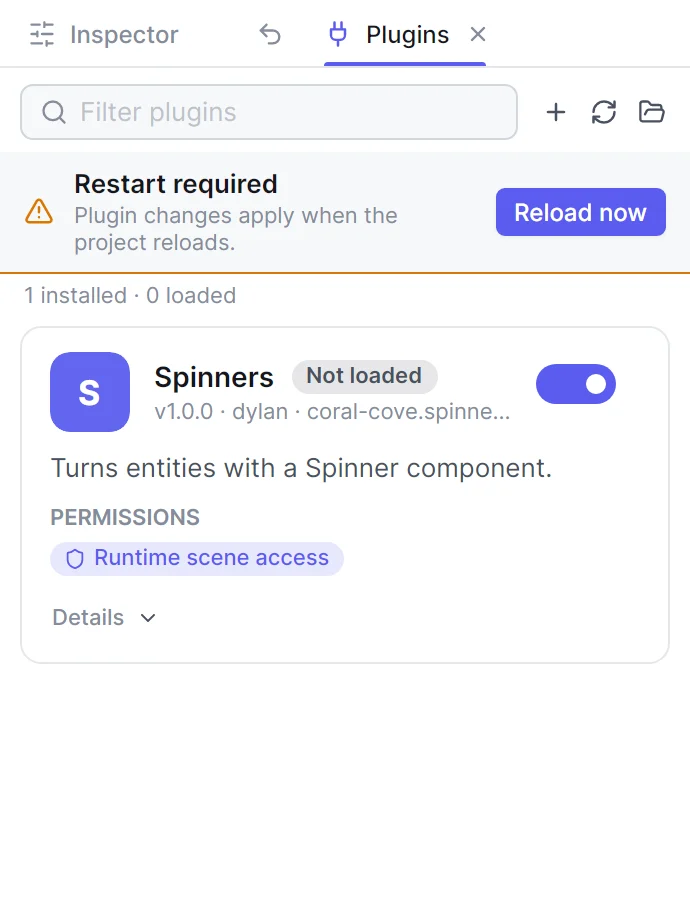 The Plugins panel after a rescan: a Restart required bar with a Reload now button above the Spinners card, which shows Not loaded